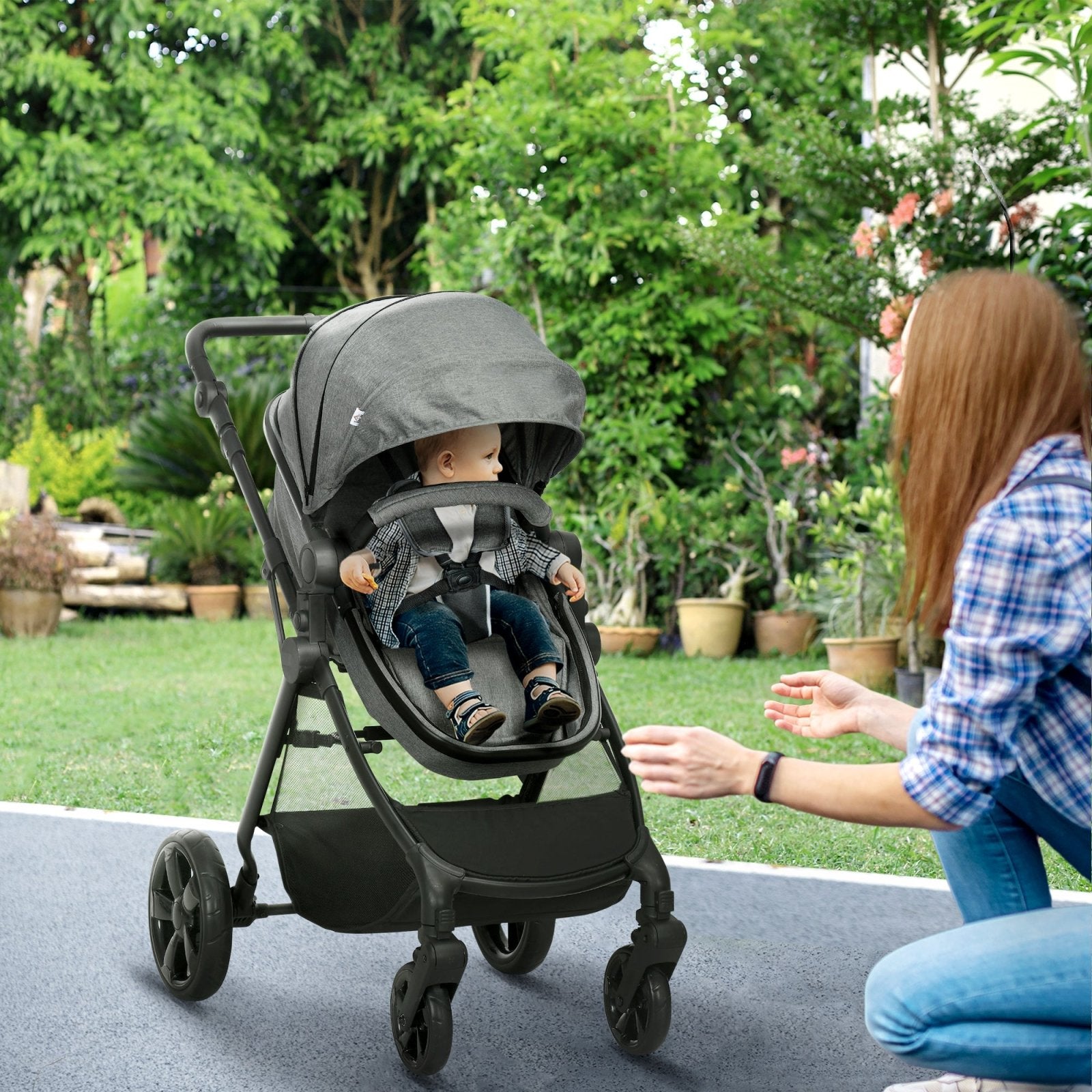 2 in 1 Lightweight Pushchair w/ Reversible Seat, Foldable Travel Baby Stroller w/ Fully Reclining From Birth to 3 Years, 5 - point Harness Grey - Bedzy UK modern and affordable home furniture England