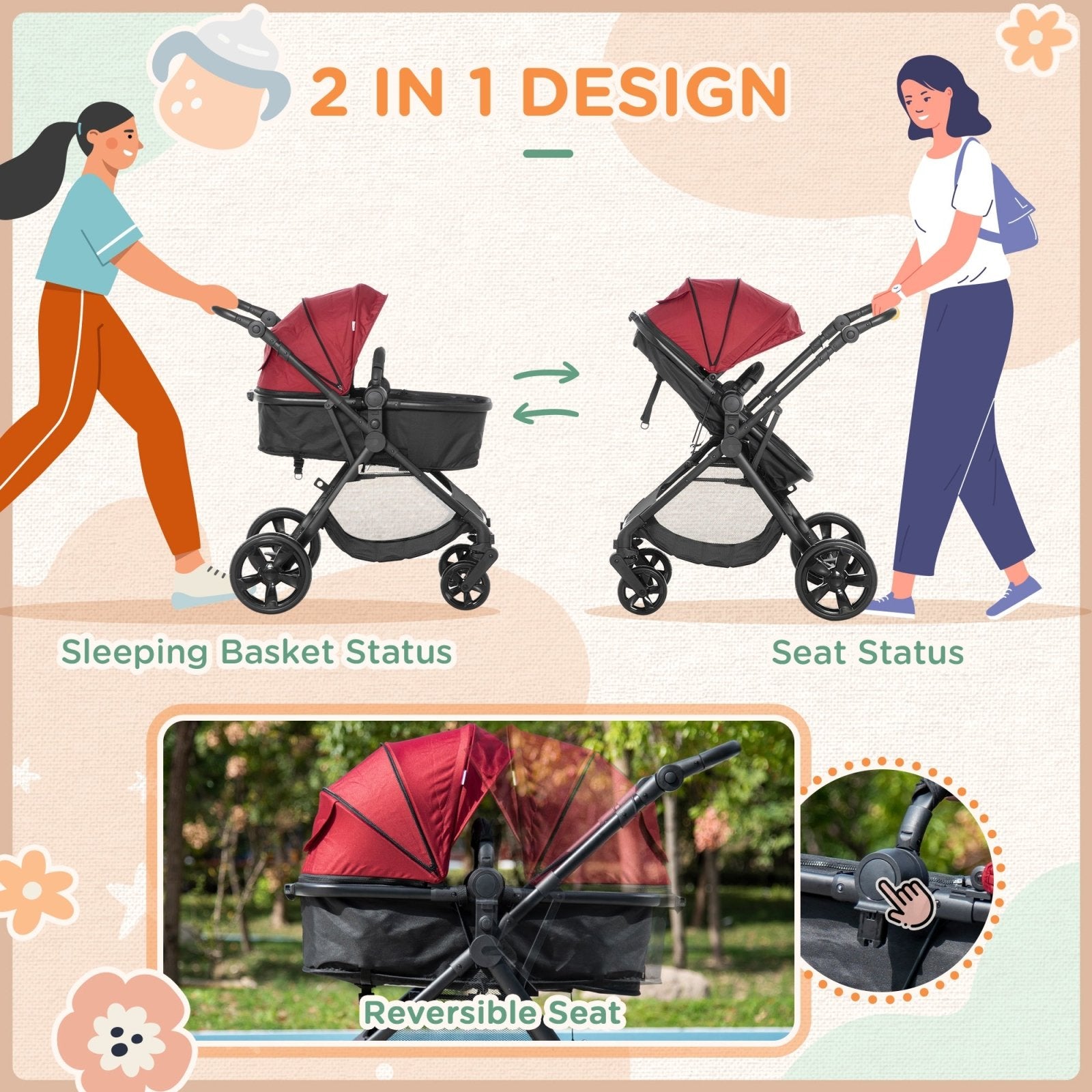 2 in 1 Lightweight Pushchair w/ Reversible Seat, Foldable Travel Baby Stroller w/ Fully Reclining From Birth to 3 Years, 5 - point Harness Red - Bedzy UK modern and affordable home furniture England