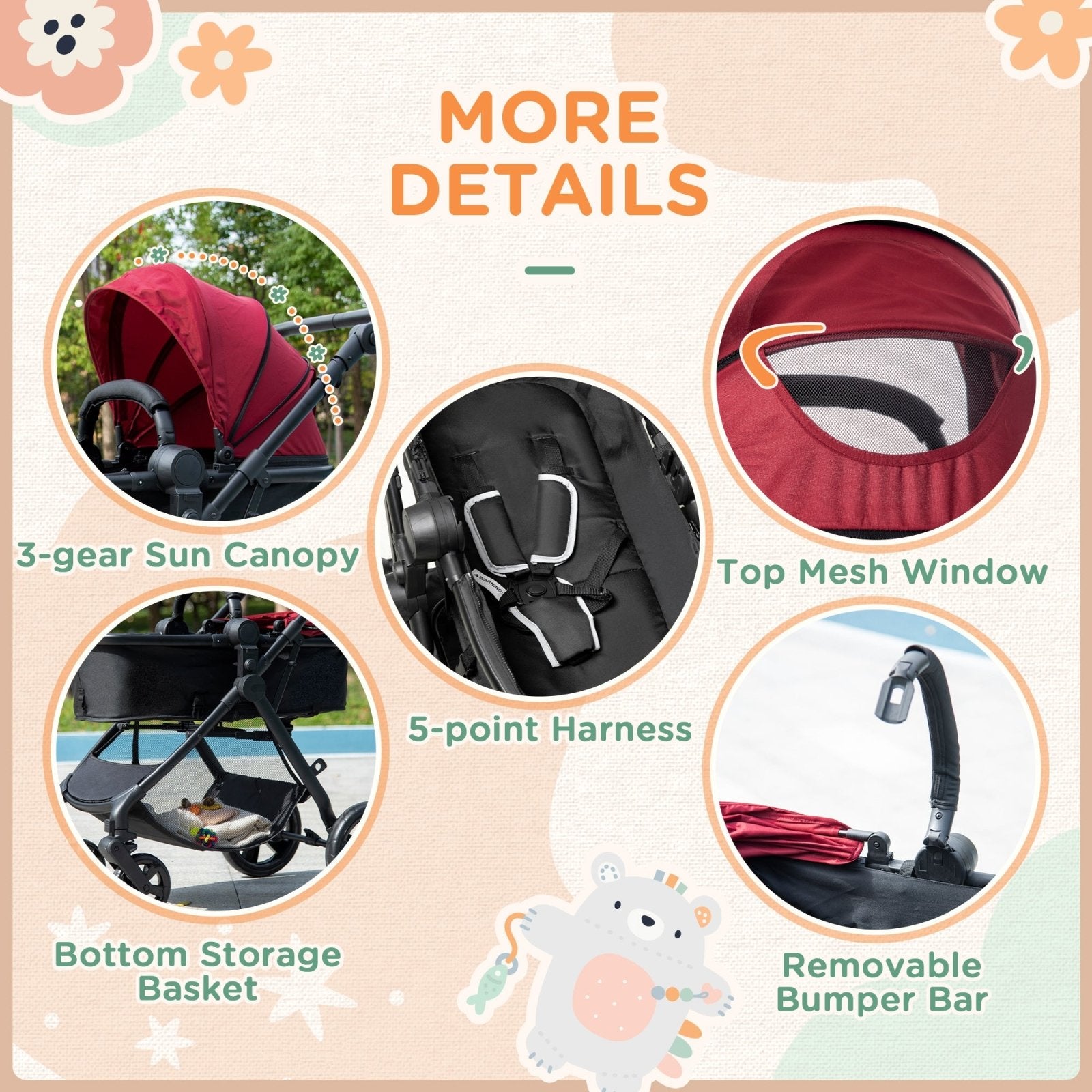 2 in 1 Lightweight Pushchair w/ Reversible Seat, Foldable Travel Baby Stroller w/ Fully Reclining From Birth to 3 Years, 5 - point Harness Red - Bedzy UK modern and affordable home furniture England