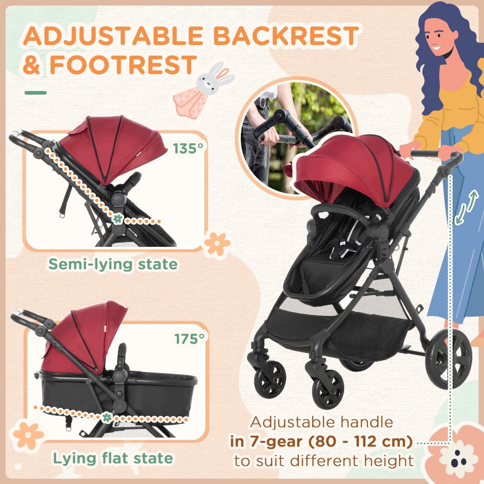 2 in 1 Lightweight Pushchair w/ Reversible Seat, Foldable Travel Baby Stroller w/ Fully Reclining From Birth to 3 Years, 5 - point Harness Red - Bedzy UK modern and affordable home furniture England