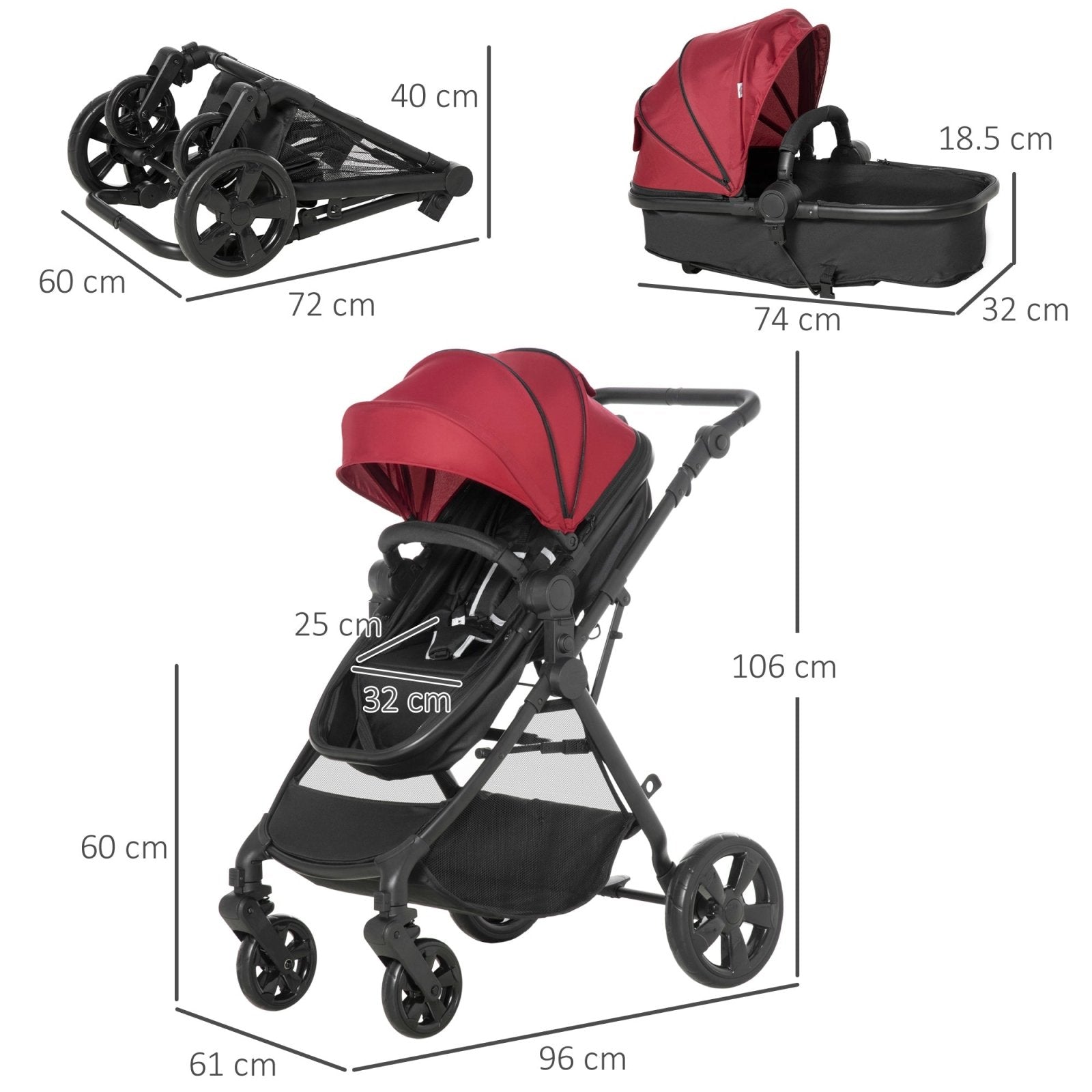 2 in 1 Lightweight Pushchair w/ Reversible Seat, Foldable Travel Baby Stroller w/ Fully Reclining From Birth to 3 Years, 5 - point Harness Red - Bedzy UK modern and affordable home furniture England