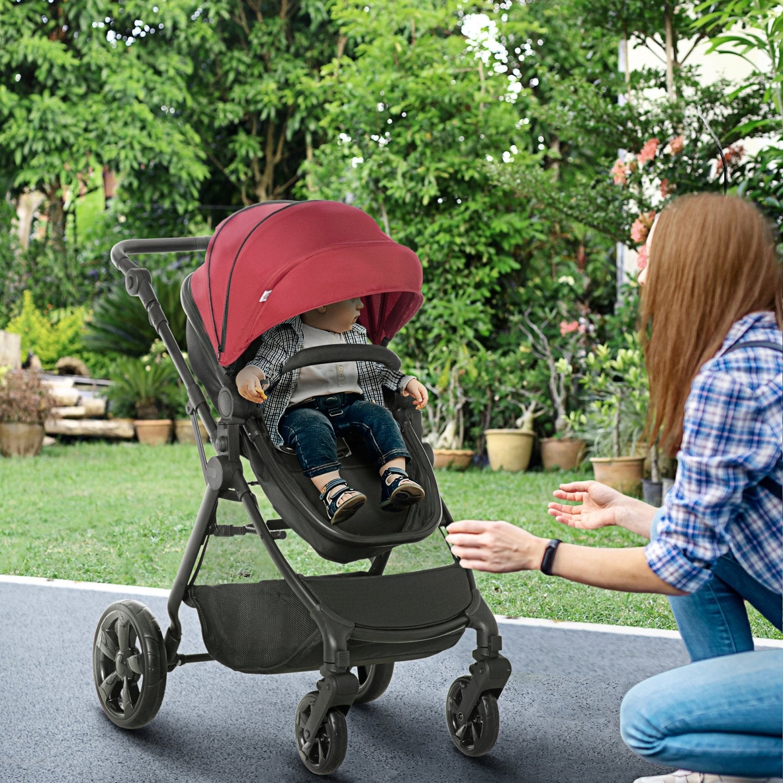 2 in 1 Lightweight Pushchair w/ Reversible Seat, Foldable Travel Baby Stroller w/ Fully Reclining From Birth to 3 Years, 5 - point Harness Red - Bedzy UK modern and affordable home furniture England