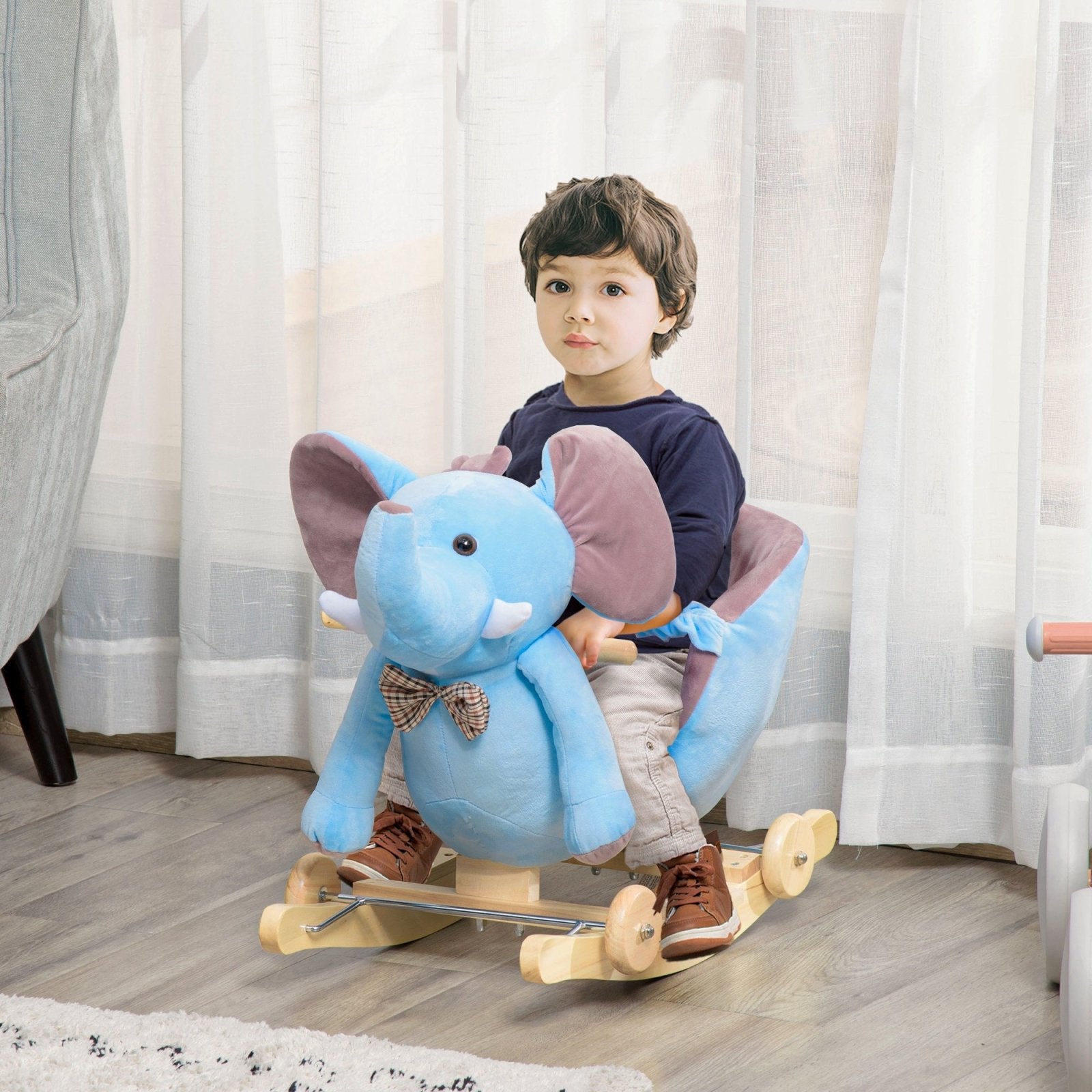 2 In 1 Plush Baby Ride on Rocking Horse Elephant Rocker with Wheels Wooden Toy for Kids 32 Songs (Blue) - Bedzy UK modern and affordable home furniture England