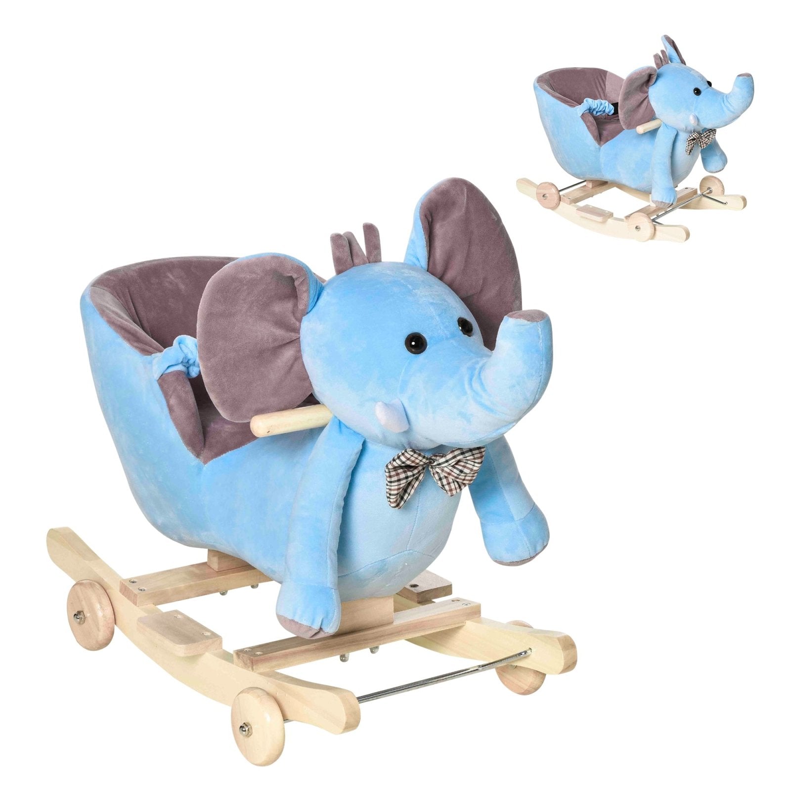 2 In 1 Plush Baby Ride on Rocking Horse Elephant Rocker with Wheels Wooden Toy for Kids 32 Songs (Blue) - Bedzy UK modern and affordable home furniture England