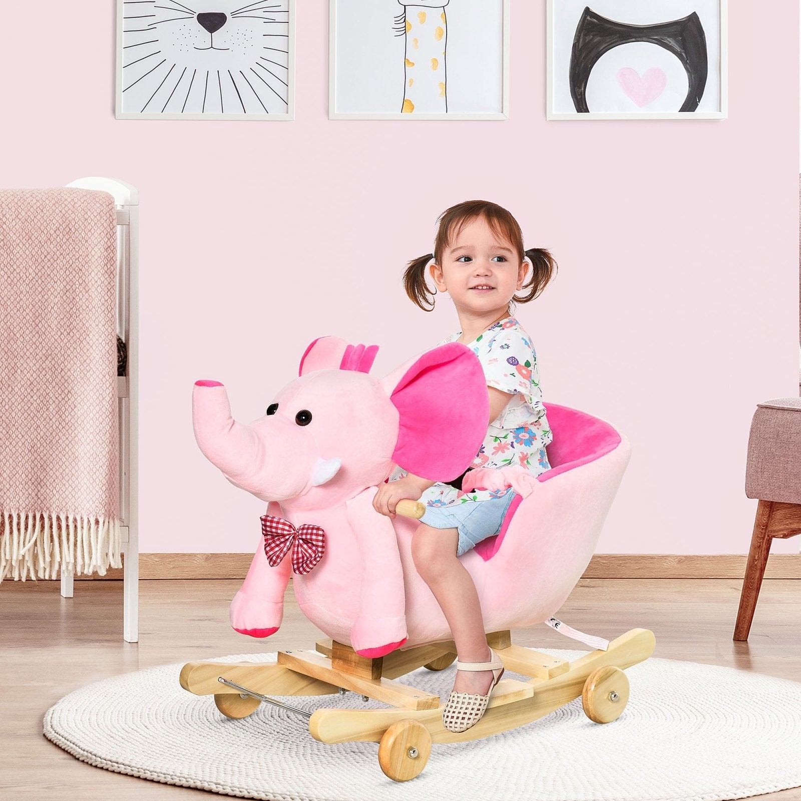 2 In 1 Plush Baby Ride on Rocking Horse Elephant Rocker with Wheels Wooden Toy for Kids 32 Songs (Pink) - Bedzy UK modern and affordable home furniture England