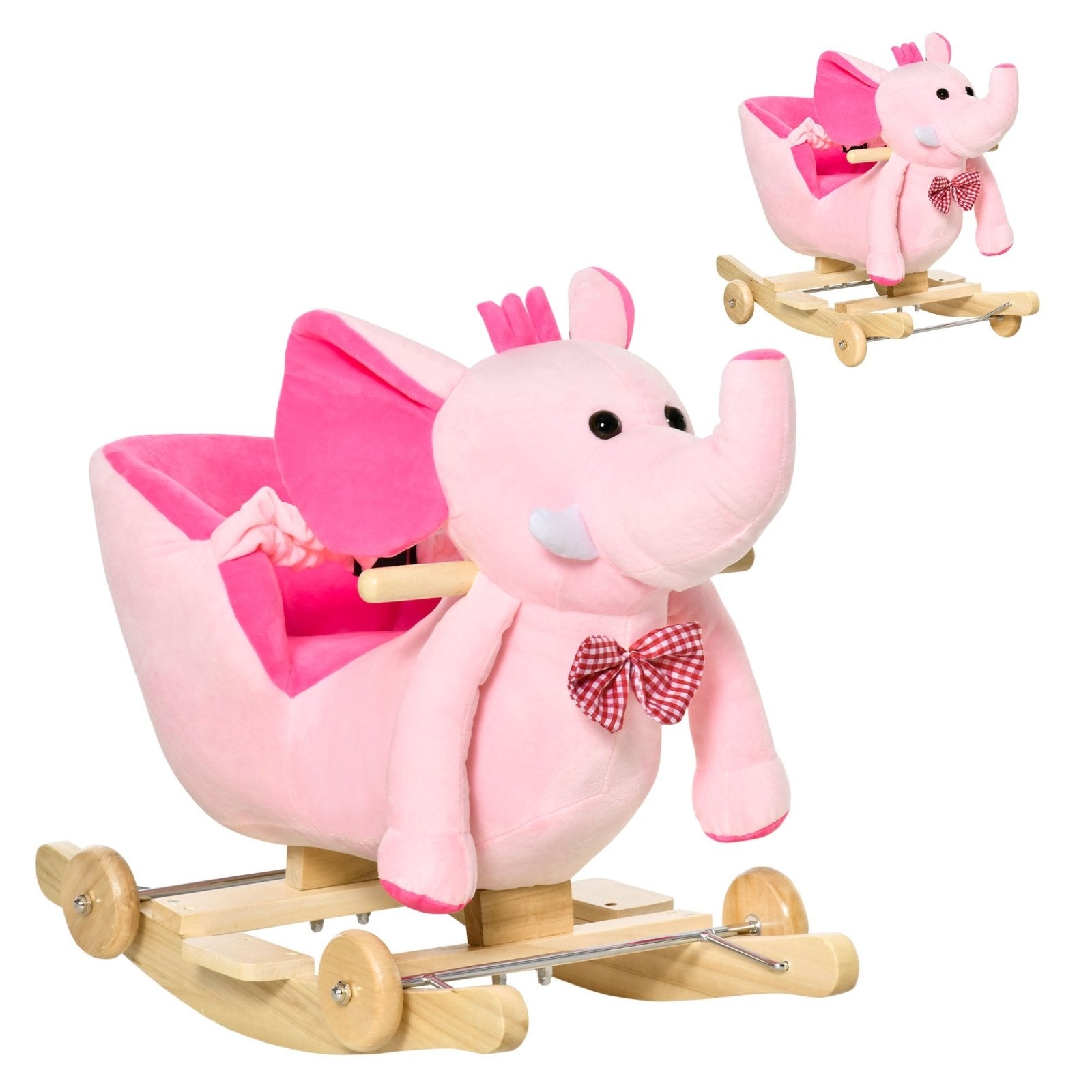 2 In 1 Plush Baby Ride on Rocking Horse Elephant Rocker with Wheels Wooden Toy for Kids 32 Songs (Pink) - Bedzy UK modern and affordable home furniture England