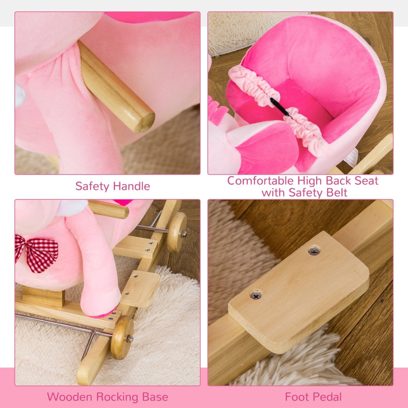 2 In 1 Plush Baby Ride on Rocking Horse Elephant Rocker with Wheels Wooden Toy for Kids 32 Songs (Pink) - Bedzy UK modern and affordable home furniture England