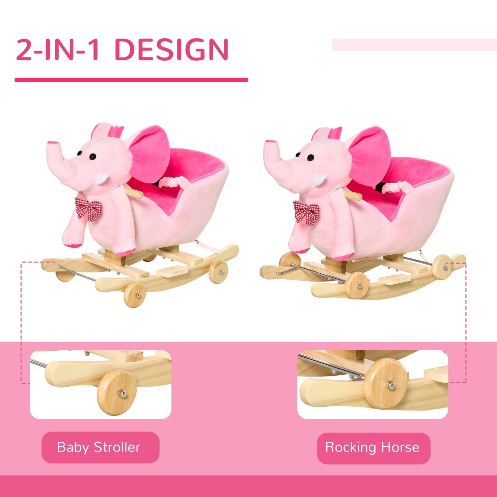 2 In 1 Plush Baby Ride on Rocking Horse Elephant Rocker with Wheels Wooden Toy for Kids 32 Songs (Pink) - Bedzy UK modern and affordable home furniture England