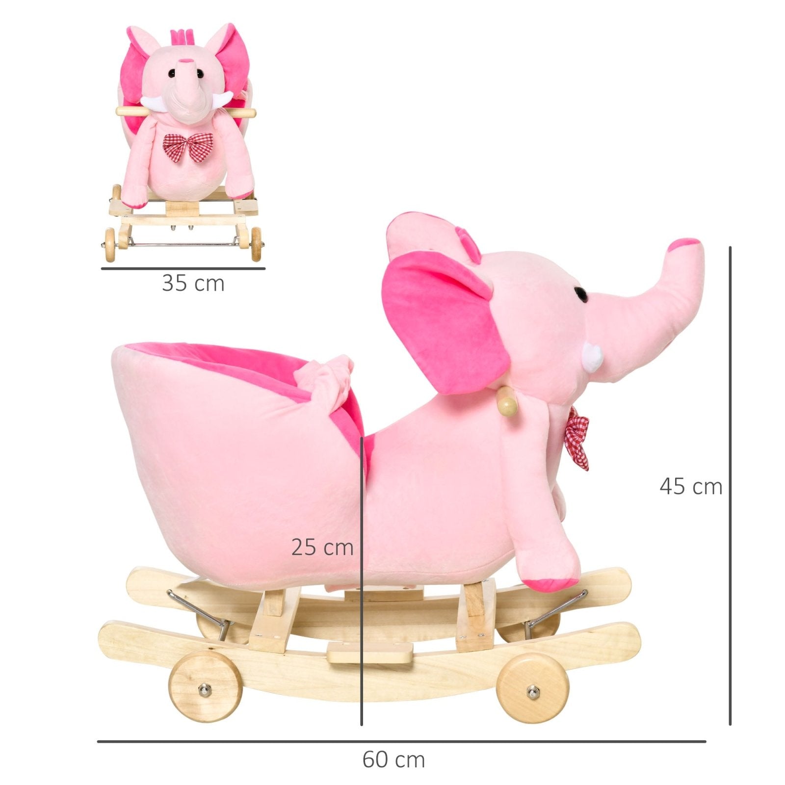 2 In 1 Plush Baby Ride on Rocking Horse Elephant Rocker with Wheels Wooden Toy for Kids 32 Songs (Pink) - Bedzy UK modern and affordable home furniture England