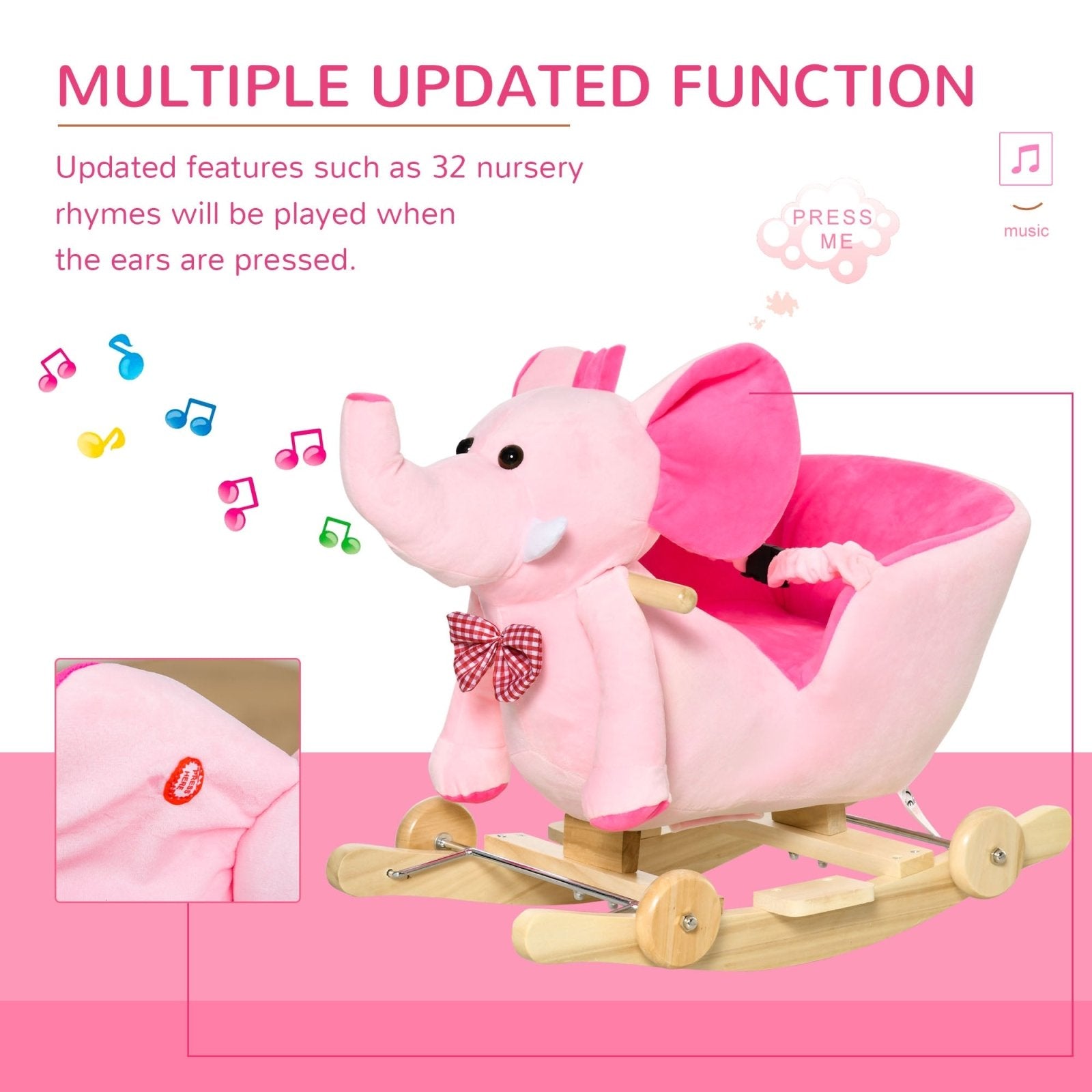 2 In 1 Plush Baby Ride on Rocking Horse Elephant Rocker with Wheels Wooden Toy for Kids 32 Songs (Pink) - Bedzy UK modern and affordable home furniture England