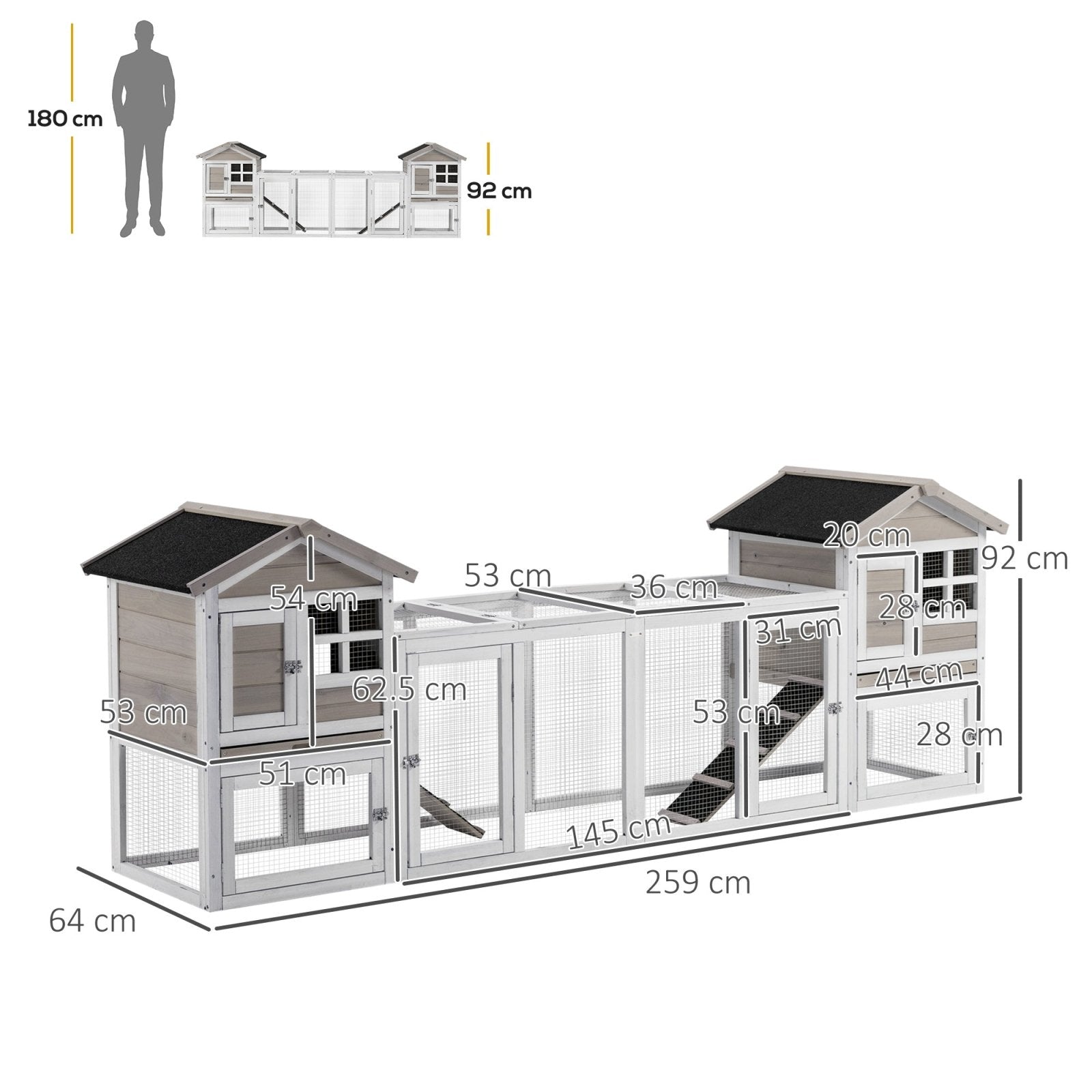 2 in 1 Rabbit Hutch, Double Main House Guinea Pig Hutch, Wooden Small Animal House with Run Box, Slide - out Tray, Ramp, 259 x - Bedzy UK modern and affordable home furniture England