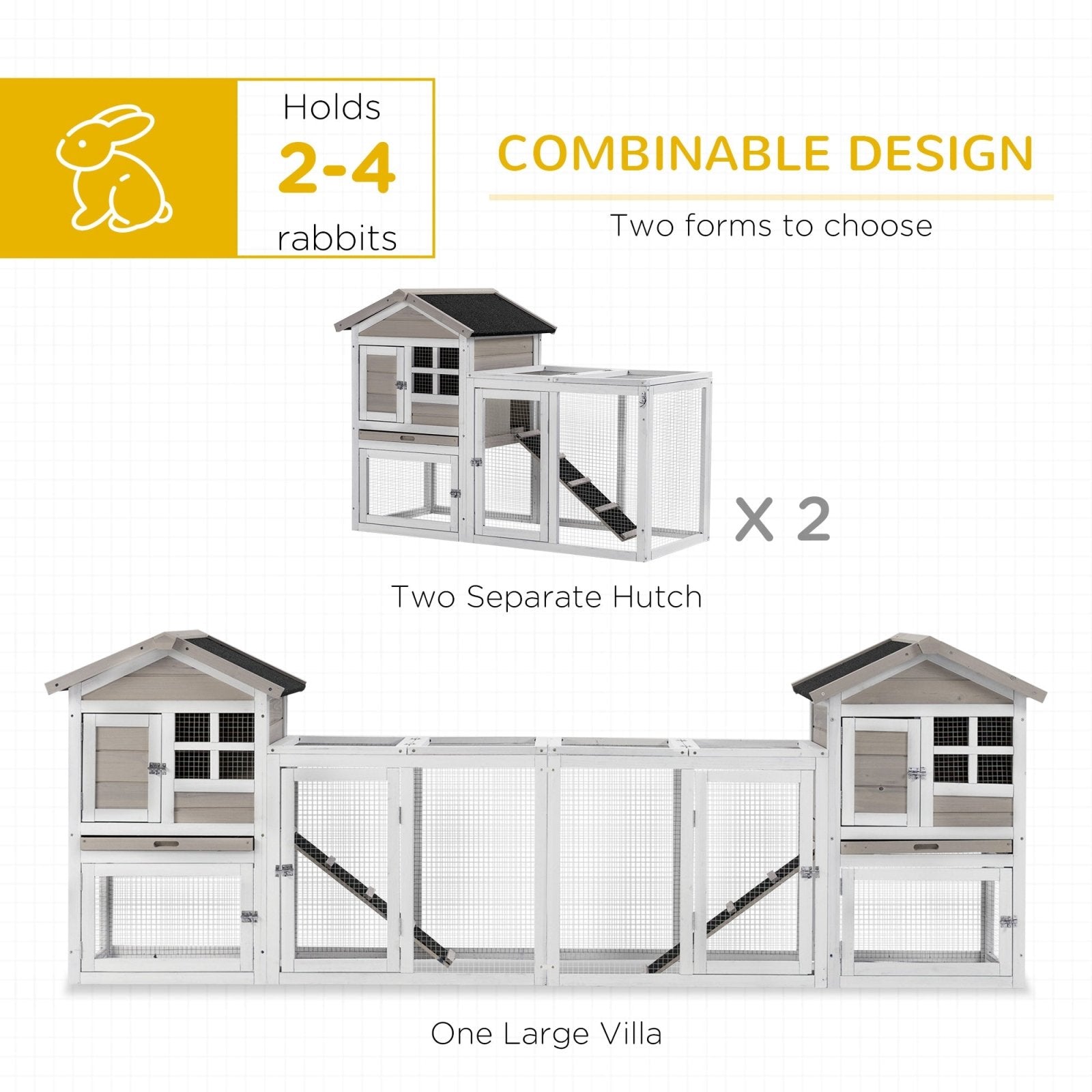 2 in 1 Rabbit Hutch, Double Main House Guinea Pig Hutch, Wooden Small Animal House with Run Box, Slide - out Tray, Ramp, 259 x - Bedzy UK modern and affordable home furniture England