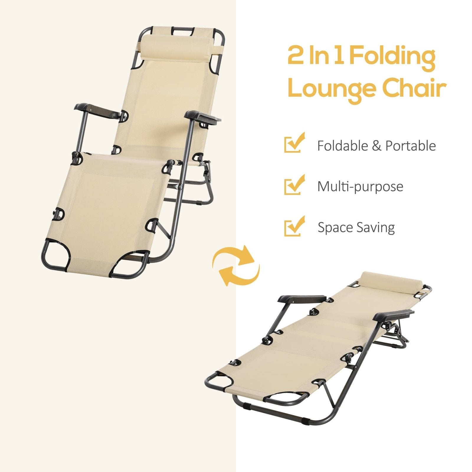 2 in 1 Sun Lounger Folding Reclining Chair Garden Outdoor Camping Adjustable Back with Pillow Beige - Bedzy UK modern and affordable home furniture England