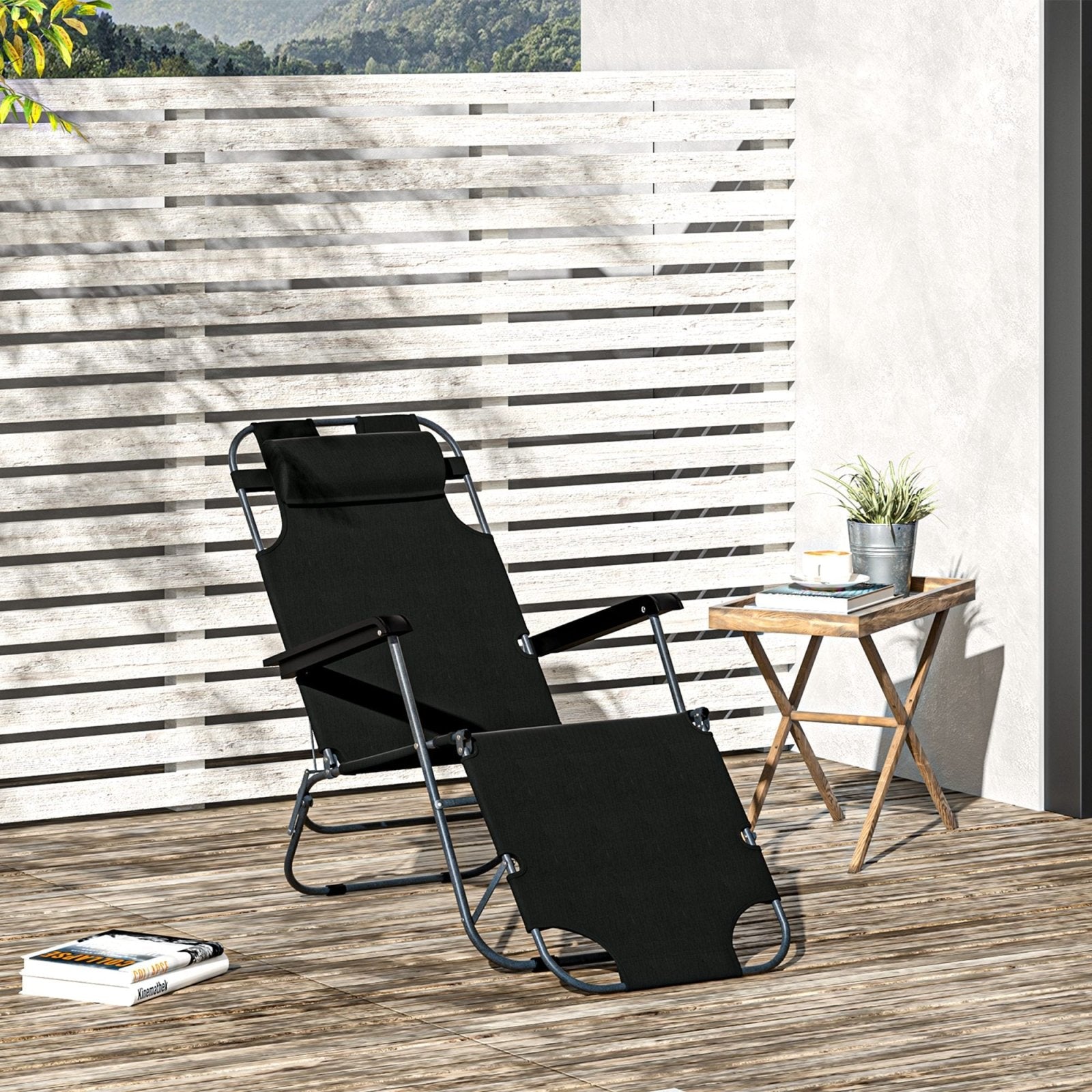 2 in 1 Sun Lounger Folding Reclining Chair Garden Outdoor Camping Adjustable Back with Pillow (Black) - Bedzy UK modern and affordable home furniture England