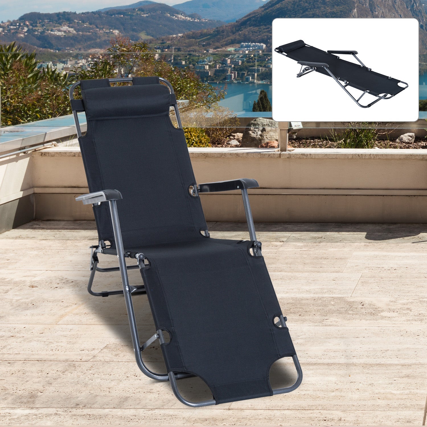 2 in 1 Sun Lounger Folding Reclining Chair Garden Outdoor Camping Adjustable Back with Pillow (Black) - Bedzy UK modern and affordable home furniture England