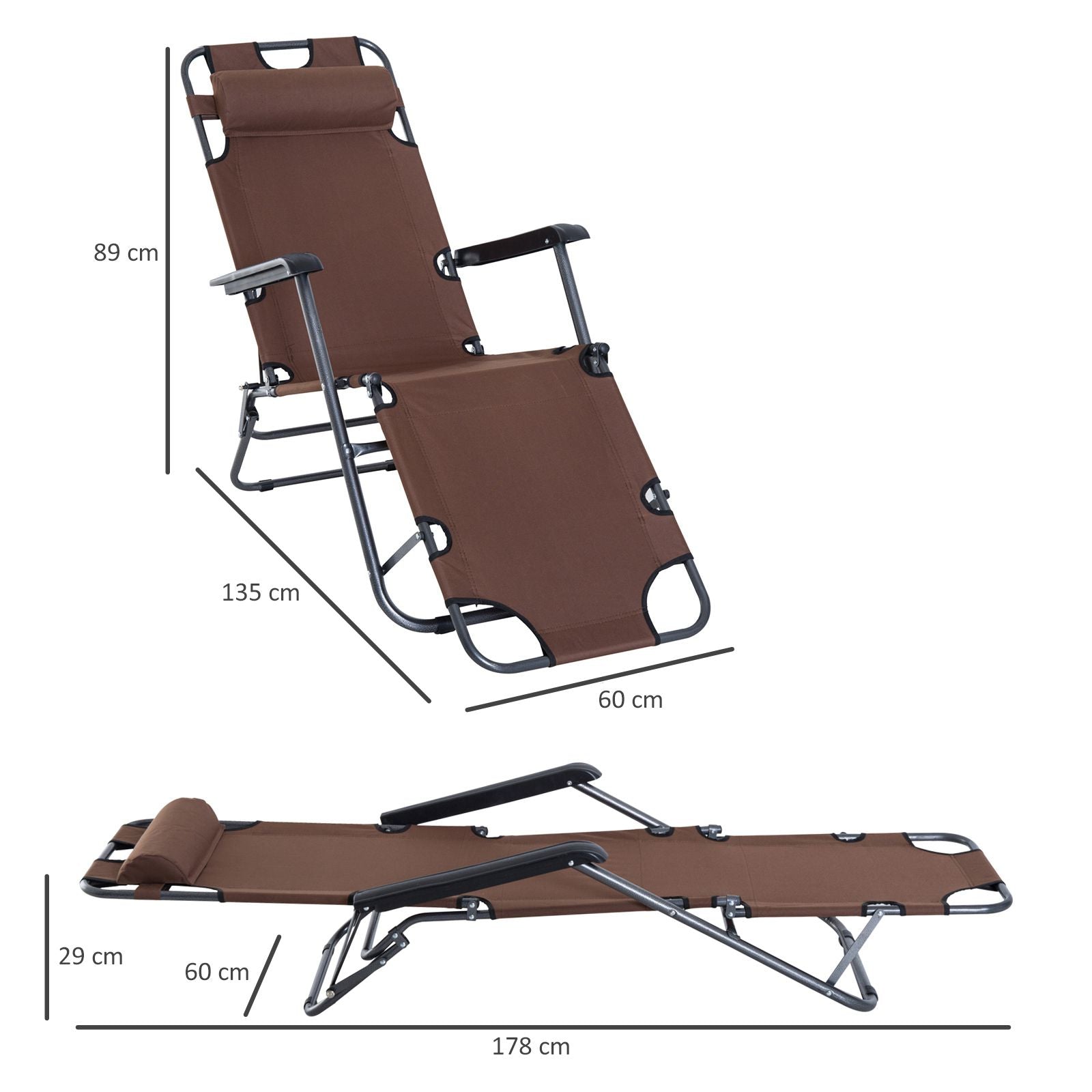 2 in 1 Sun Lounger Folding Reclining Chair Garden Outdoor Camping Adjustable Back with Pillow (Brown) - Bedzy UK modern and affordable home furniture England