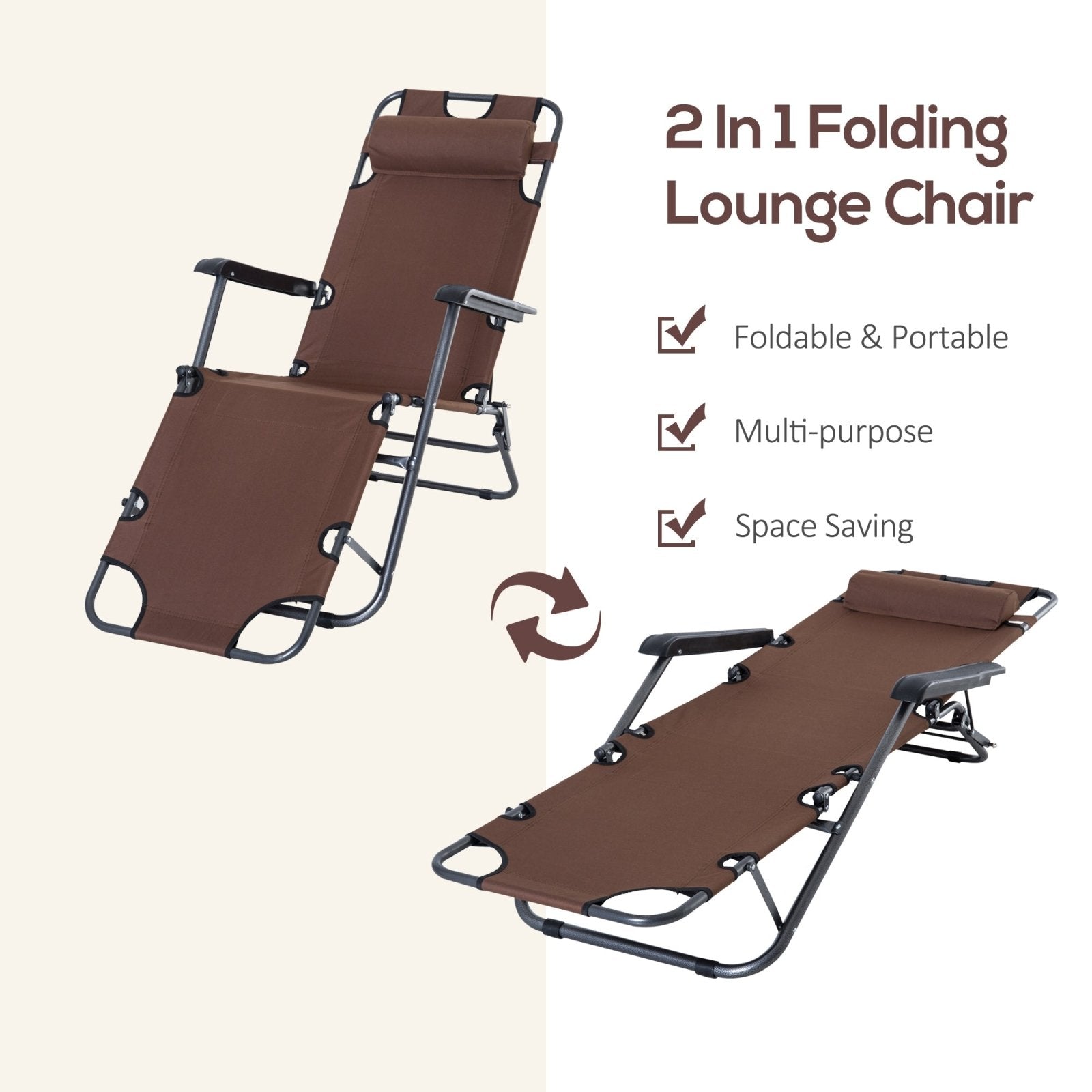 2 in 1 Sun Lounger Folding Reclining Chair Garden Outdoor Camping Adjustable Back with Pillow (Brown) - Bedzy UK modern and affordable home furniture England