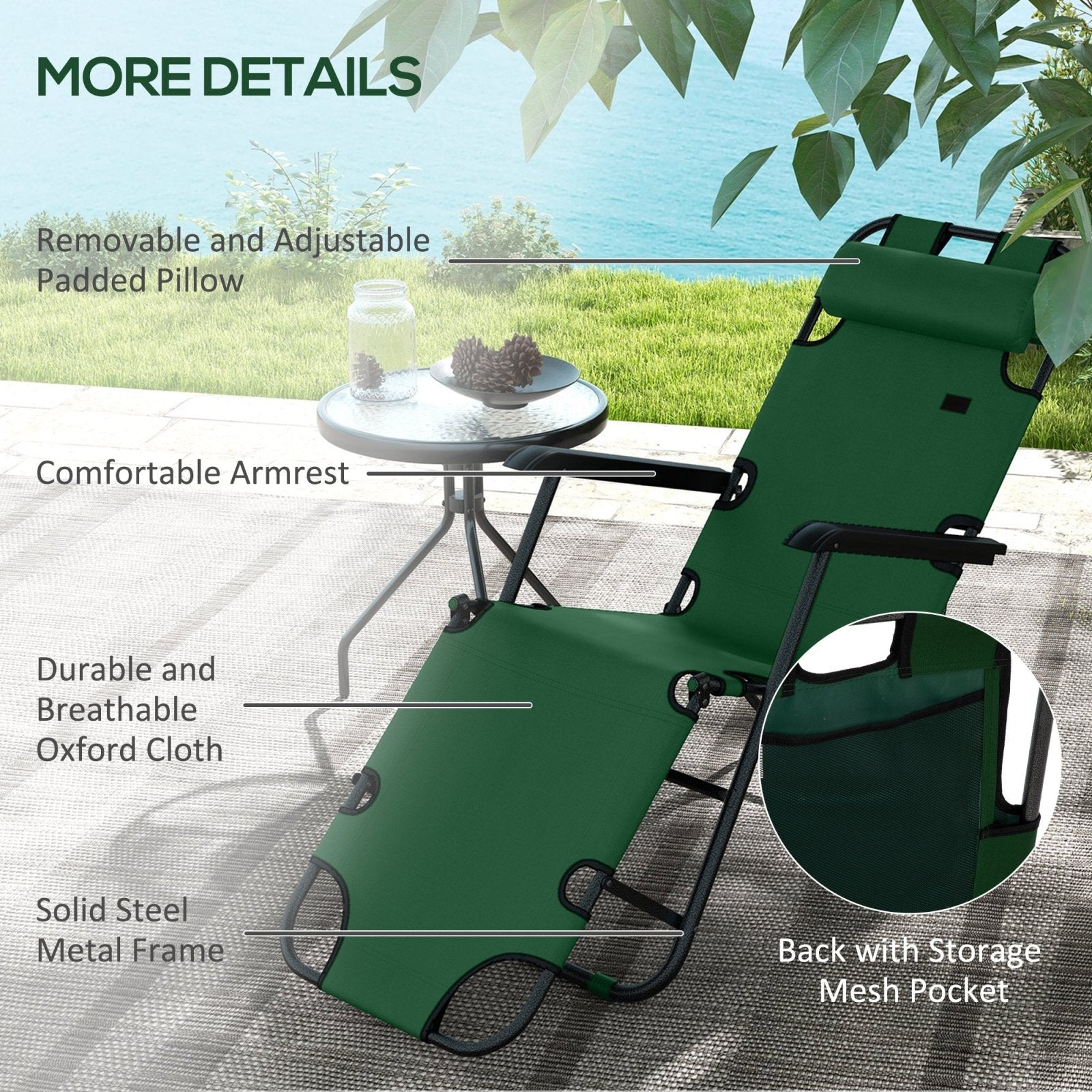 2 in 1 Sun Lounger Folding Reclining Chair Garden Outdoor Camping Adjustable Back with Pillow, Green - Bedzy UK modern and affordable home furniture England