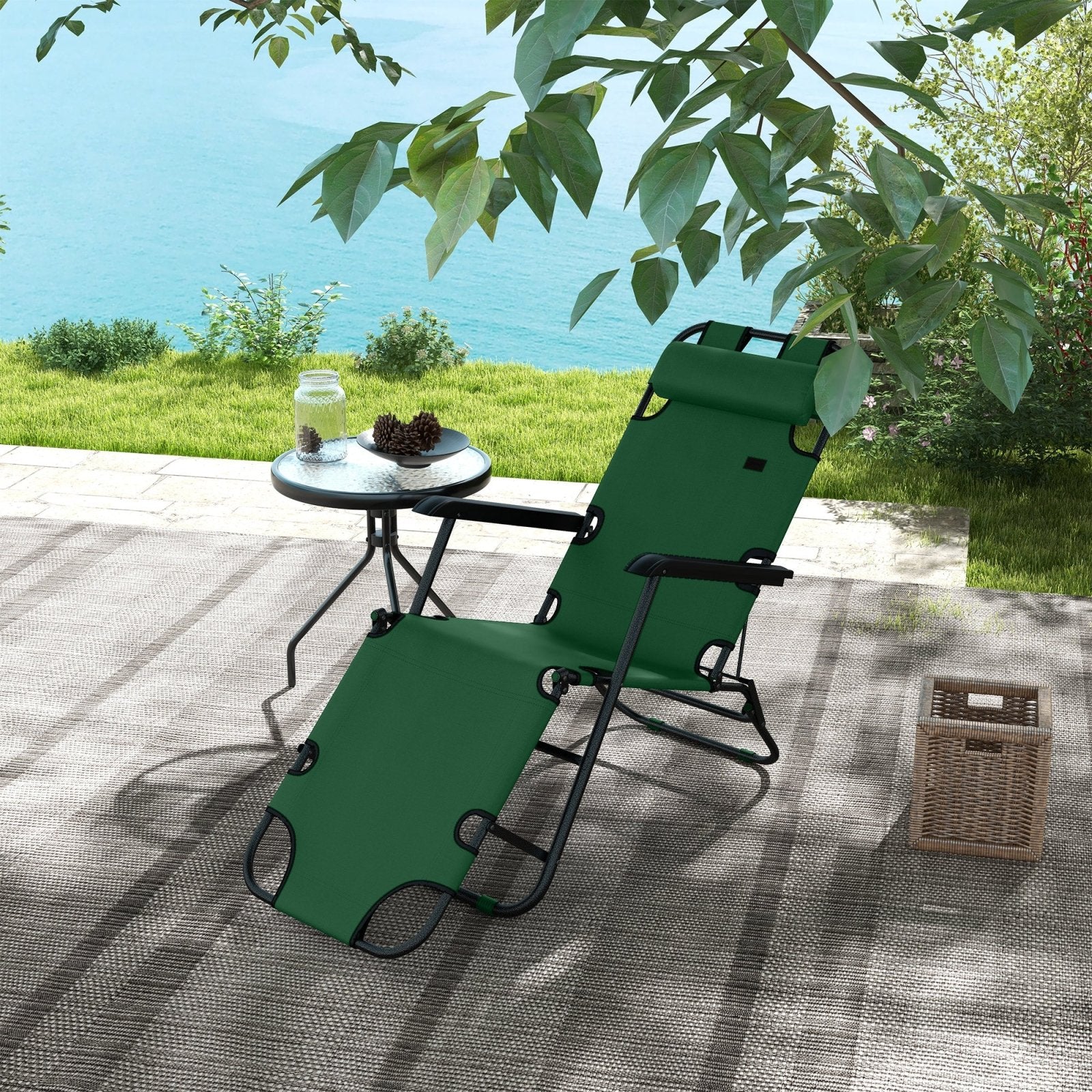 2 in 1 Sun Lounger Folding Reclining Chair Garden Outdoor Camping Adjustable Back with Pillow, Green - Bedzy UK modern and affordable home furniture England