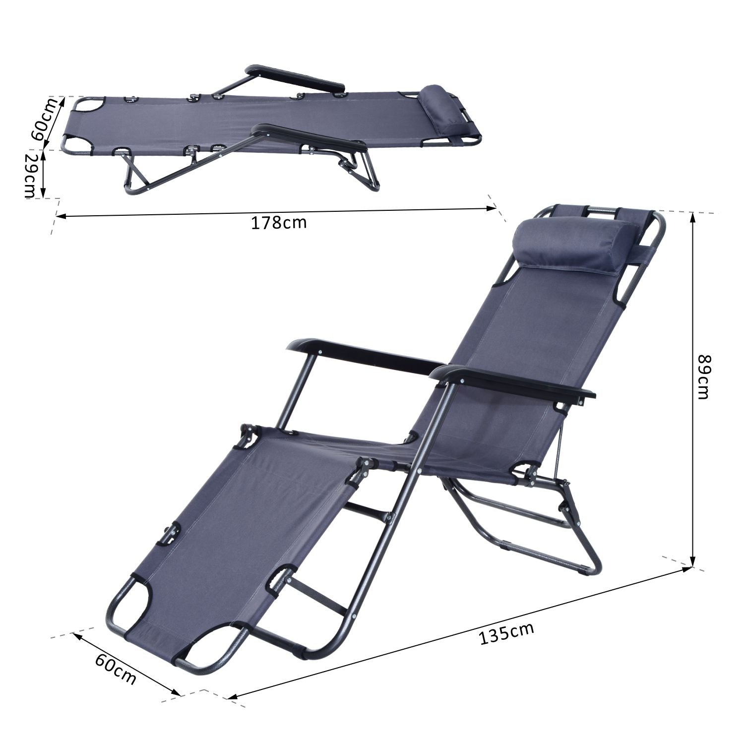 2 in 1 Sun Lounger Folding Reclining Chair Garden Outdoor Camping Adjustable Back with Pillow Grey - Bedzy UK modern and affordable home furniture England