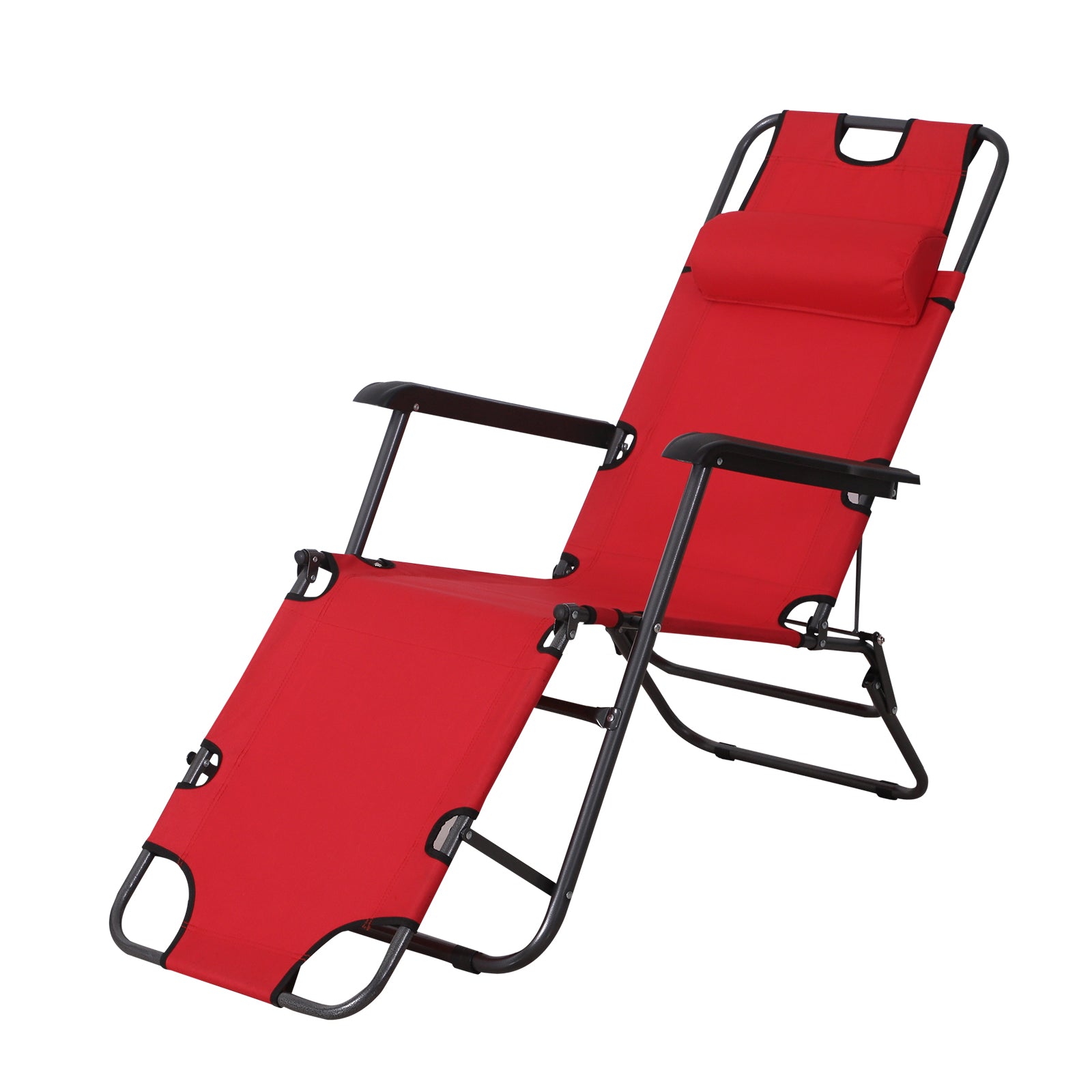 2 in 1 Sun Lounger Folding Reclining Chair Garden Outdoor Camping Adjustable Back with Pillow (Red) - Bedzy UK modern and affordable home furniture England