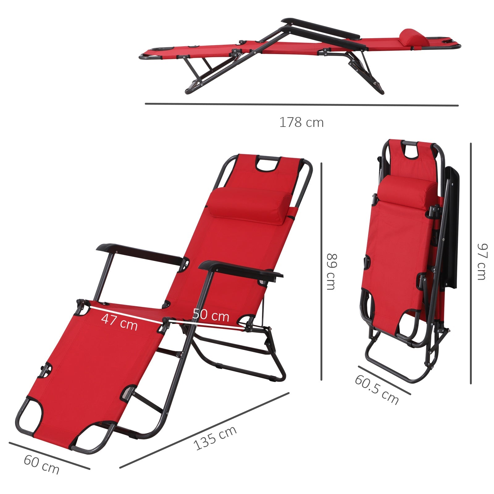 2 in 1 Sun Lounger Folding Reclining Chair Garden Outdoor Camping Adjustable Back with Pillow (Red) - Bedzy UK modern and affordable home furniture England