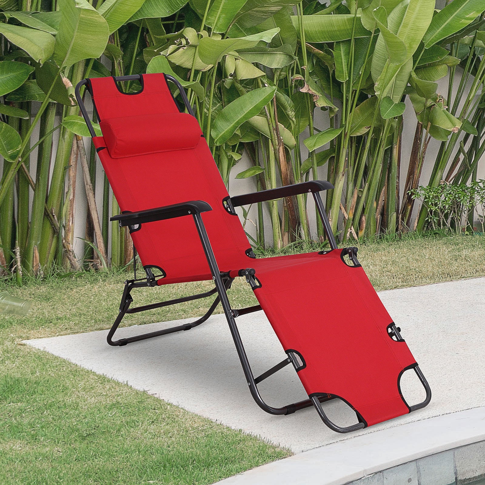 2 in 1 Sun Lounger Folding Reclining Chair Garden Outdoor Camping Adjustable Back with Pillow (Red) - Bedzy UK modern and affordable home furniture England