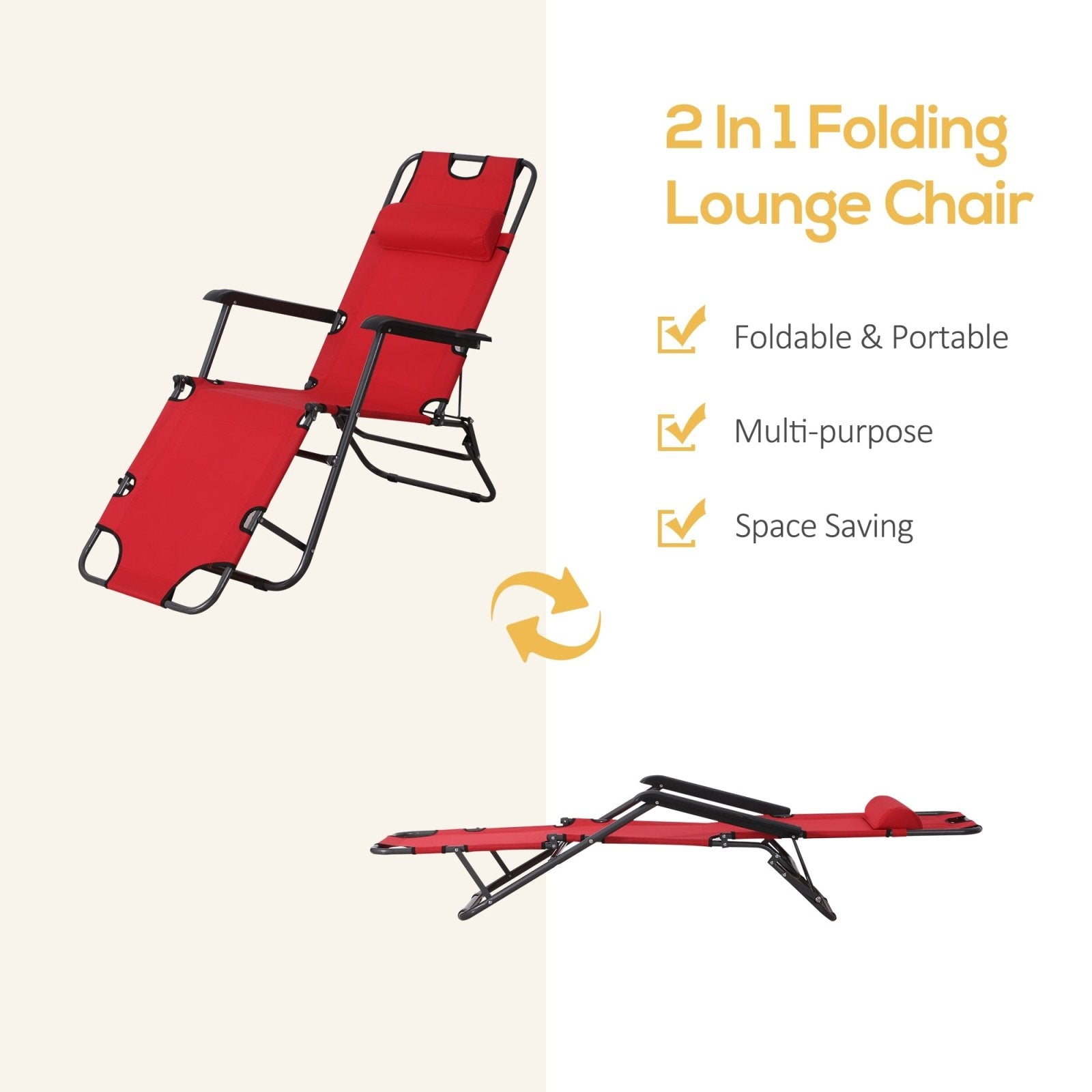 2 in 1 Sun Lounger Folding Reclining Chair Garden Outdoor Camping Adjustable Back with Pillow (Red) - Bedzy UK modern and affordable home furniture England