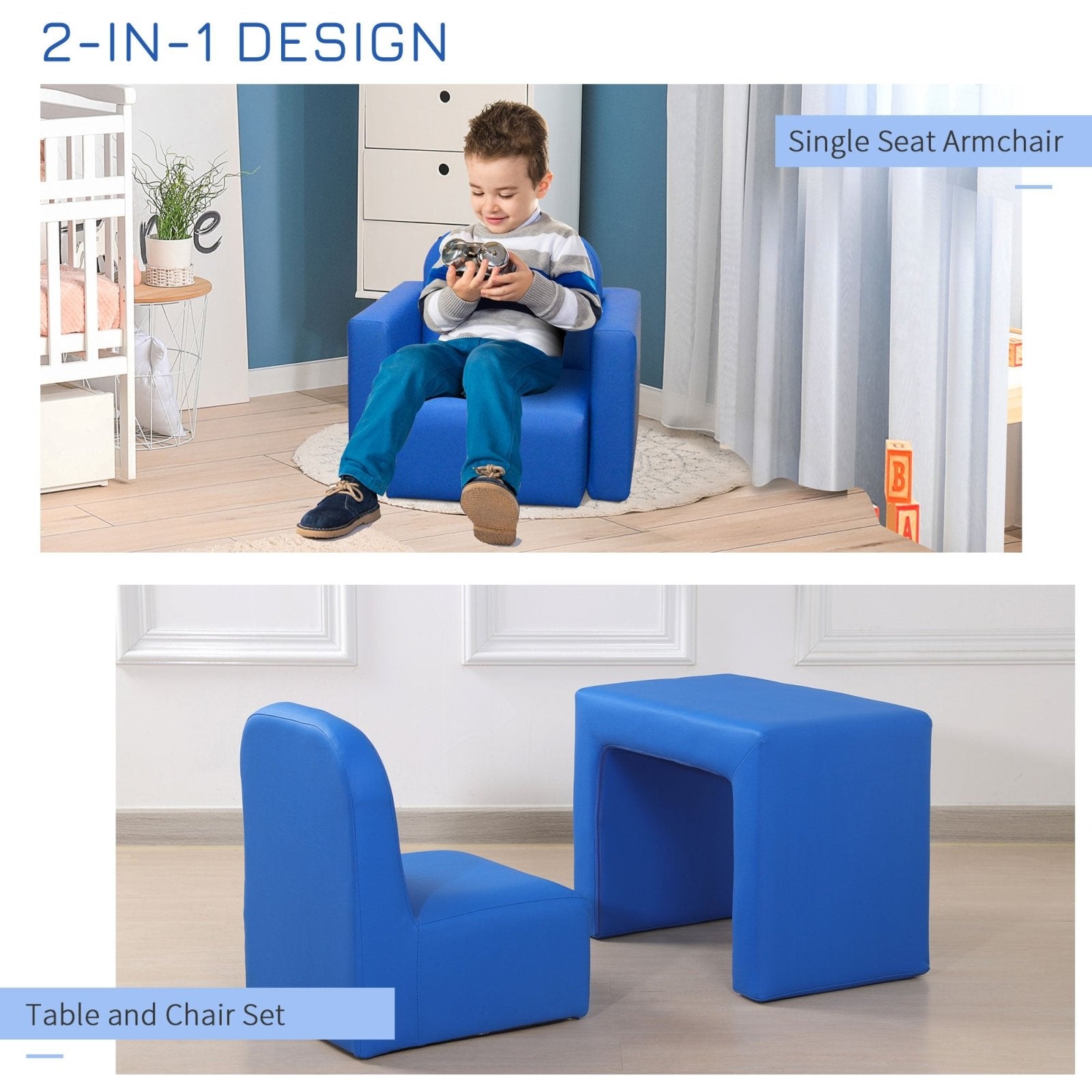 2 In 1 Toddler Sofa Chair, 48 x 44 x 41 cm, for Game Relax Playroom, Blue - Bedzy UK modern and affordable home furniture England