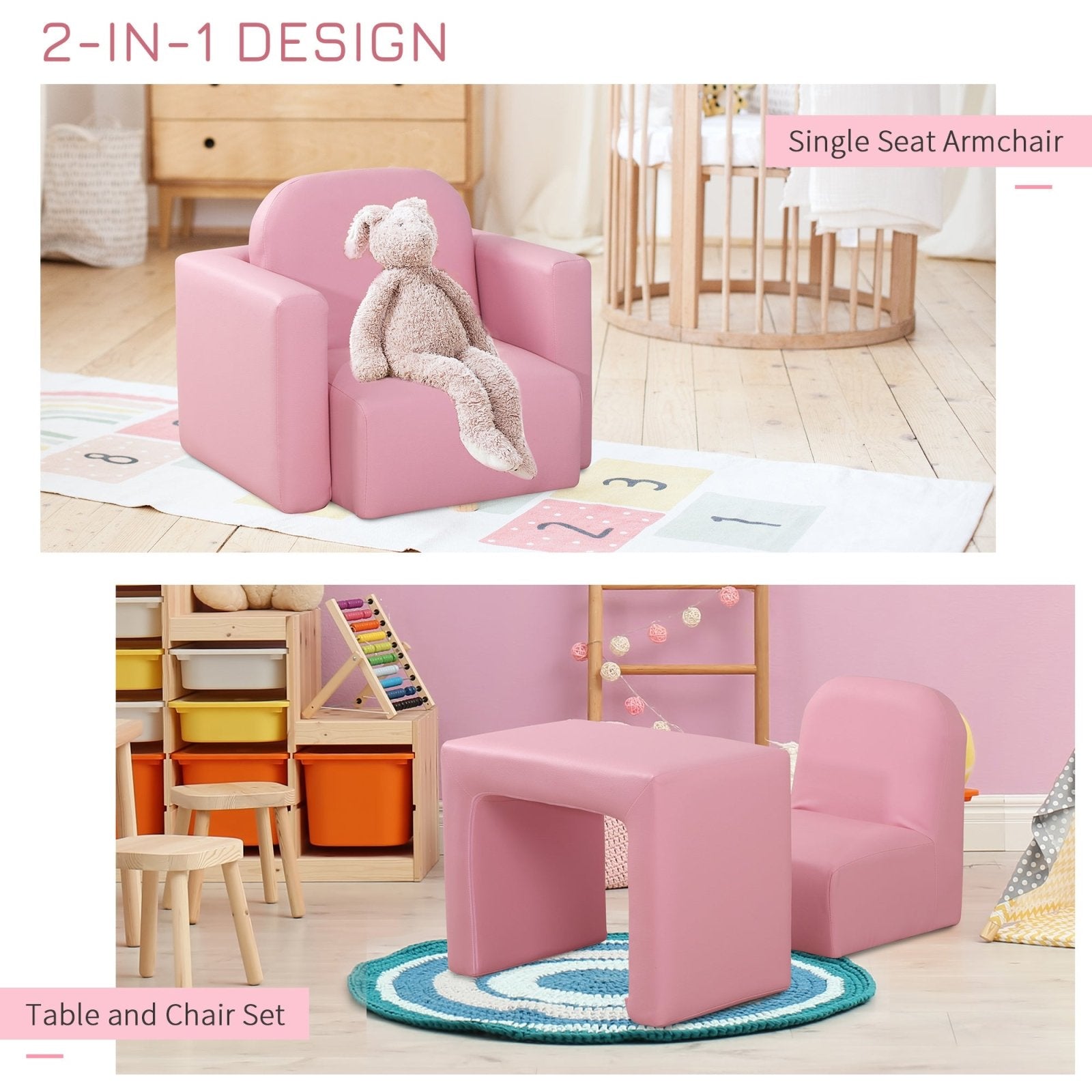 2 In 1 Toddler Sofa Chair, 48 x 44 x 41 cm, for Game Relax Playroom, Pink - Bedzy UK modern and affordable home furniture England