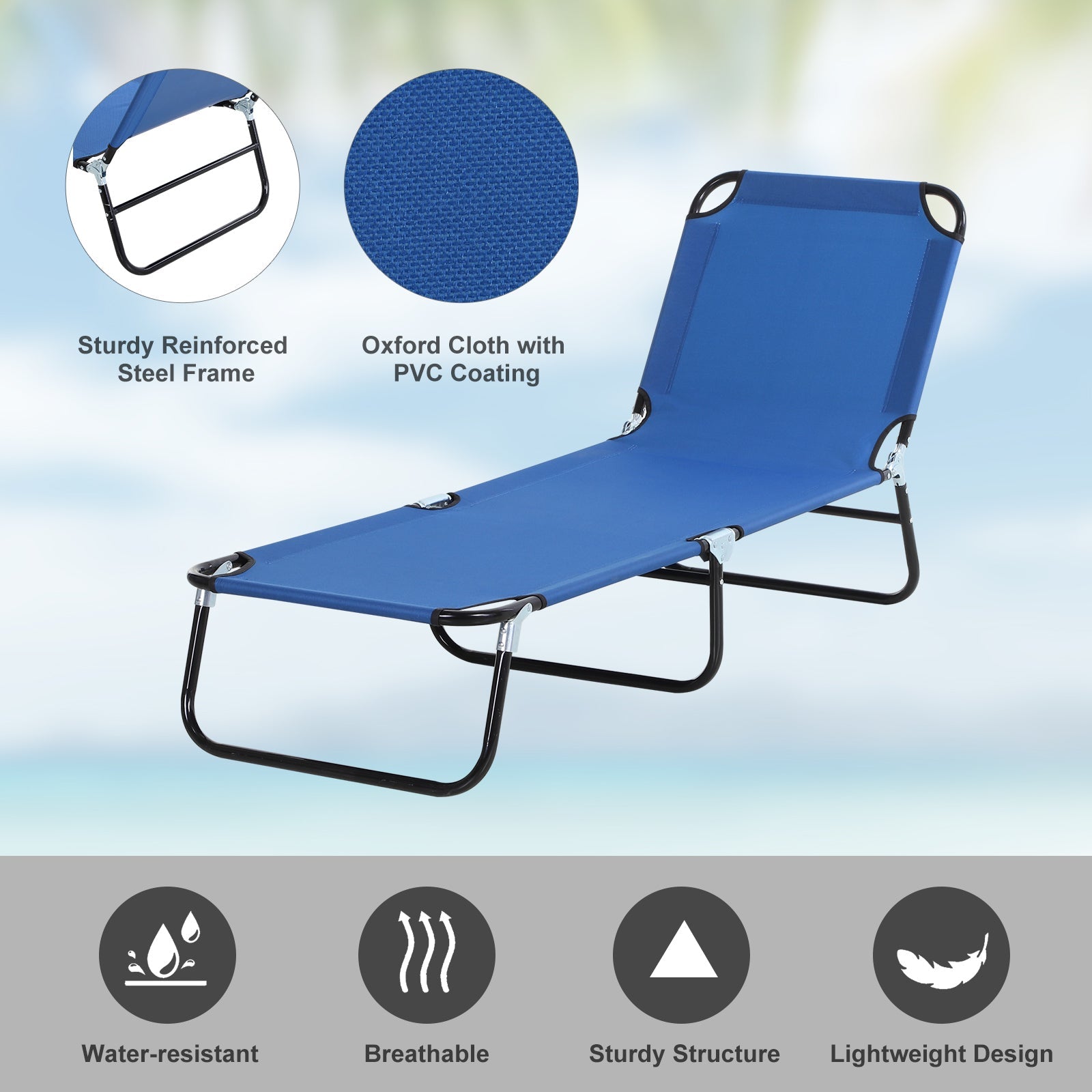 2 Pcs Foldable Sun Lounger Set w/ 5 - Position Adjustable Backrest, Portable Relaxer Recliner w/ Lightweight Frame Great for Sun Bathing, Blue - Bedzy UK modern and affordable home furniture England