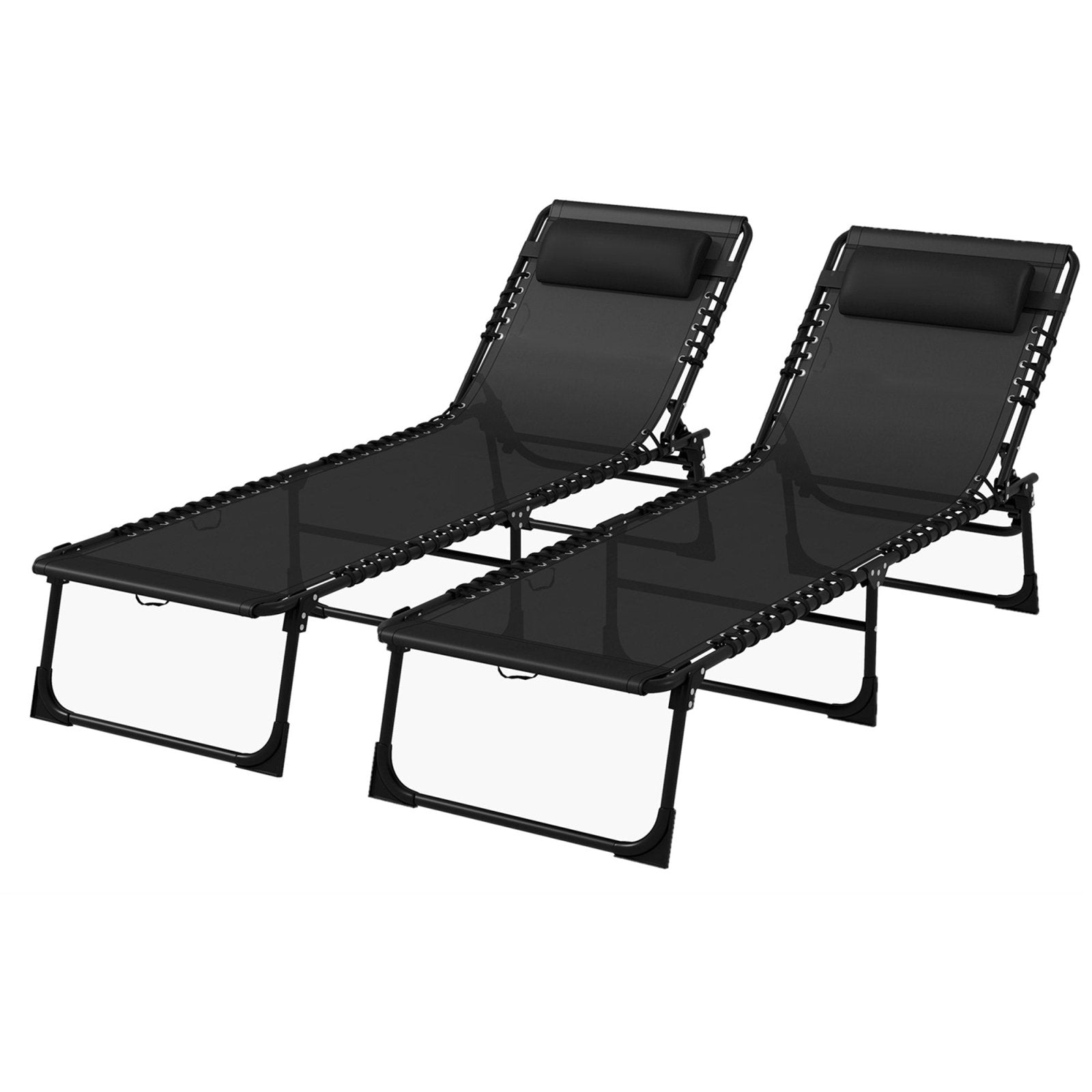 2 Pcs Folding Sun Lounger Beach Chaise Chair Garden Cot Camping Recliner with 4 Position Adjustable Black - Bedzy UK modern and affordable home furniture England