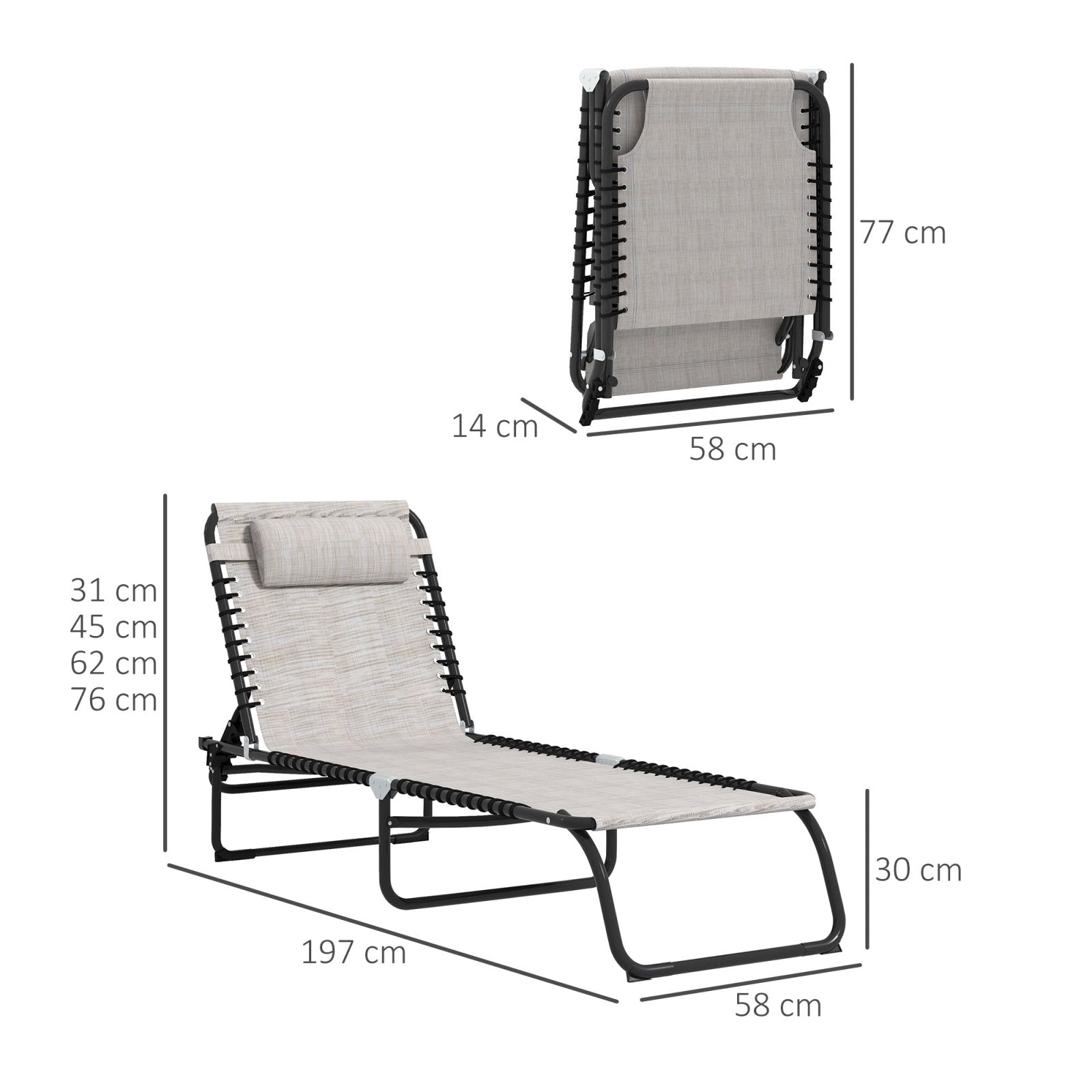 2 Pcs Folding Sun Lounger Beach Chaise Chair Garden Cot Camping Recliner with 4 Position Adjustable Cream White - Bedzy UK modern and affordable home furniture England