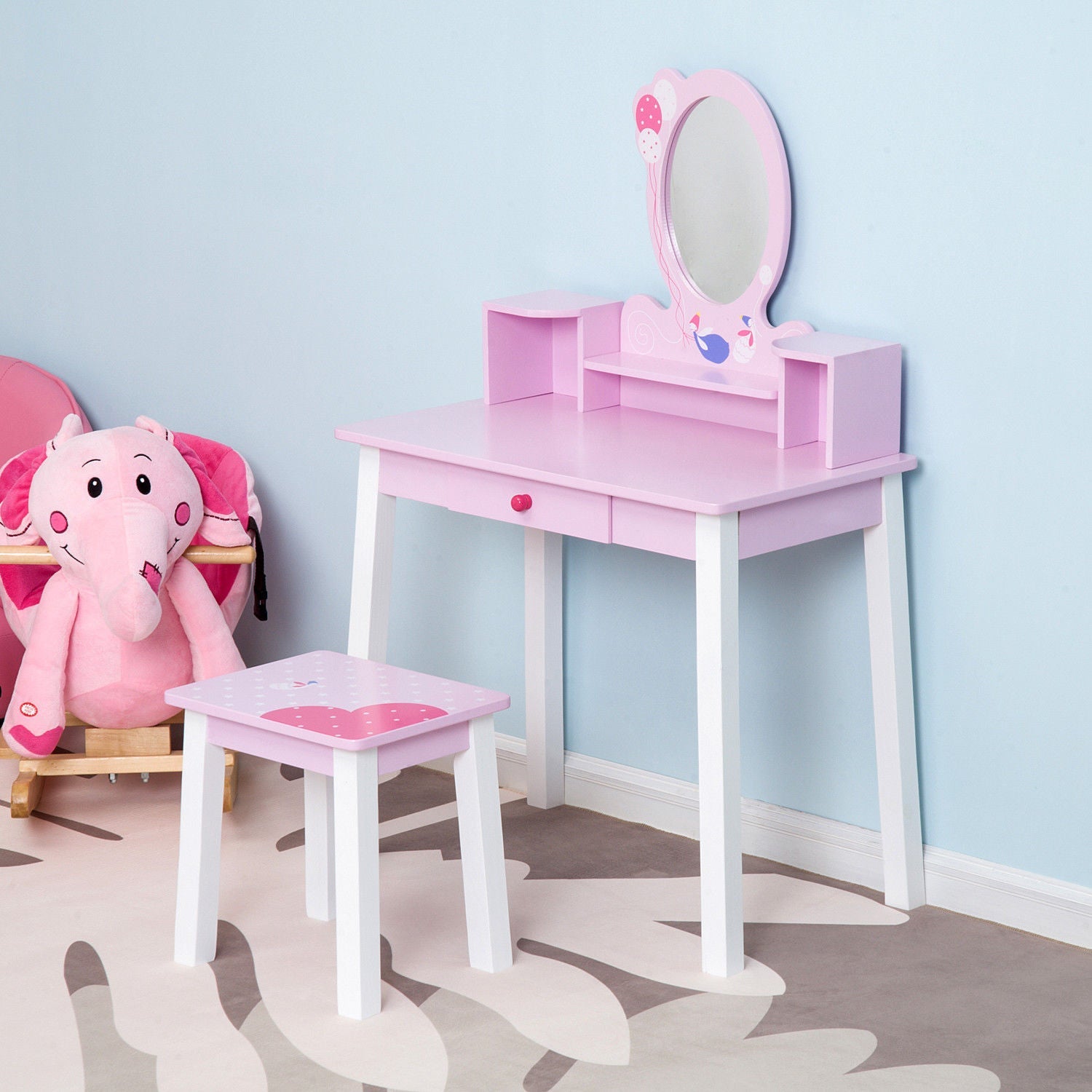 2 PCS Kids Wooden Dressing Table and Stool Girls Vanity Table Makeup Table Set with Mirror Drawers Role Play for Toddlers 3 Year+, Pink White - Bedzy UK modern and affordable home furniture England