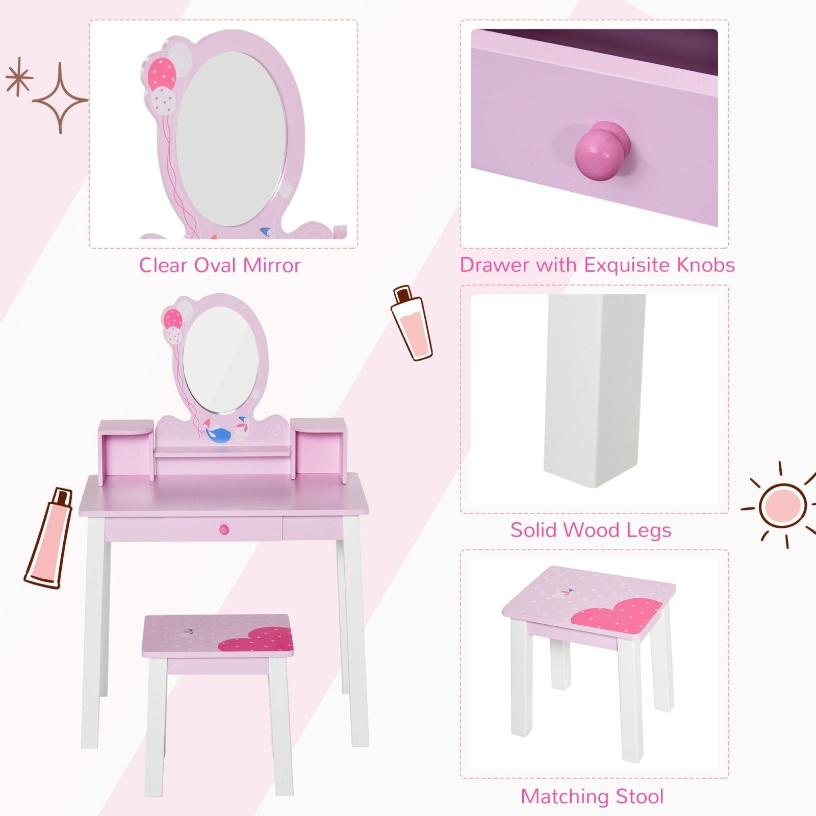 2 PCS Kids Wooden Dressing Table and Stool Girls Vanity Table Makeup Table Set with Mirror Drawers Role Play for Toddlers 3 Year+, Pink White - Bedzy UK modern and affordable home furniture England