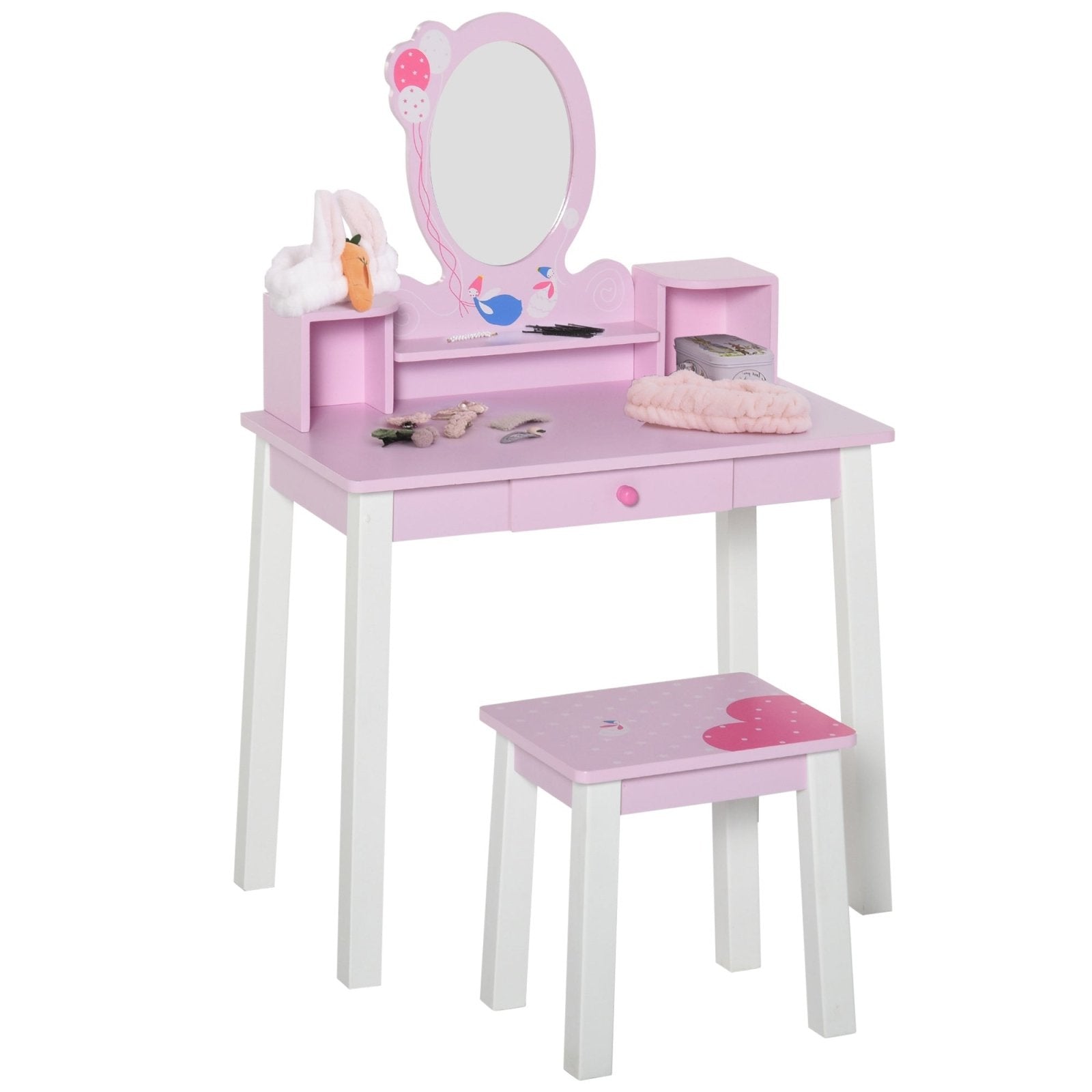 2 PCS Kids Wooden Dressing Table and Stool Girls Vanity Table Makeup Table Set with Mirror Drawers Role Play for Toddlers 3 Year+, Pink White - Bedzy UK modern and affordable home furniture England