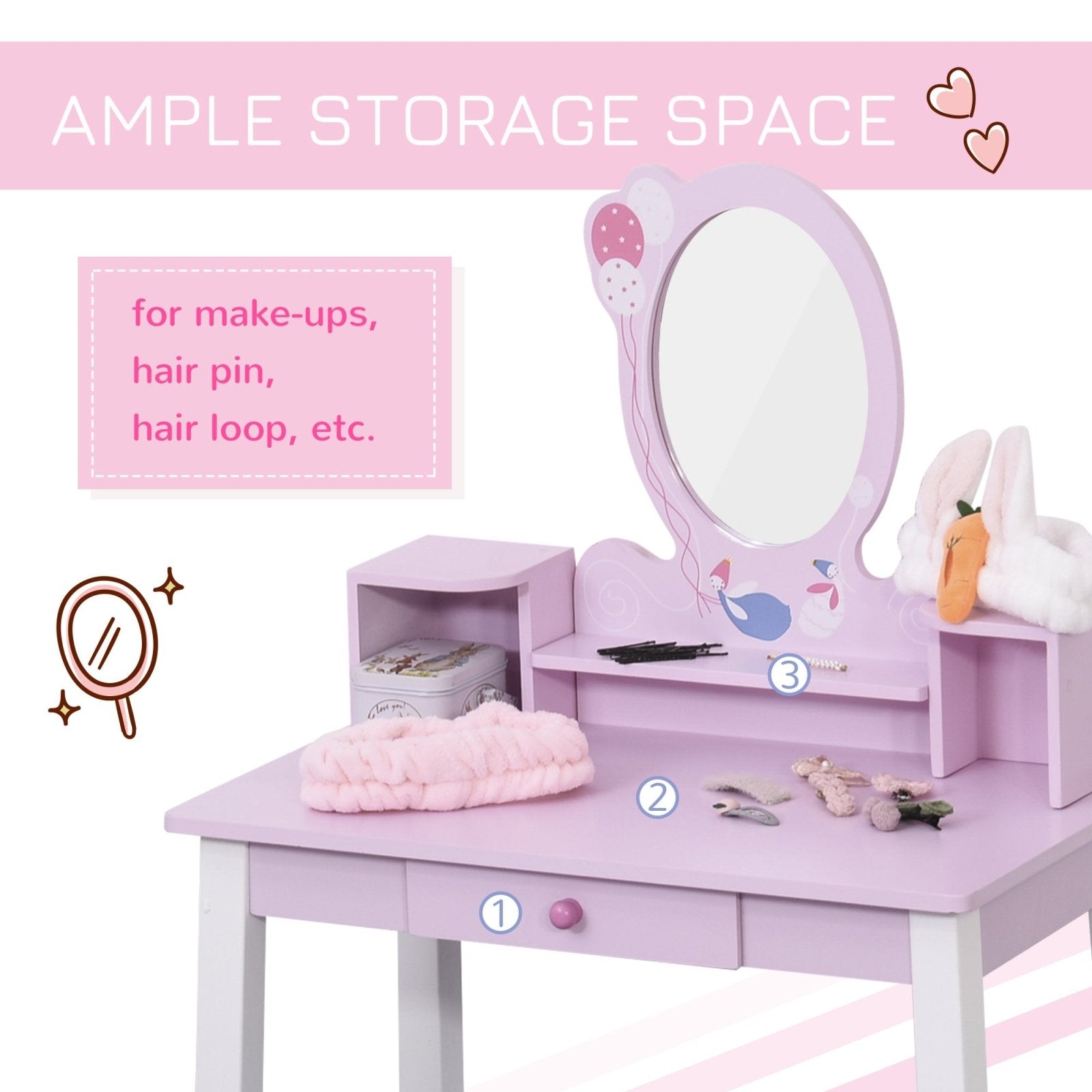 2 PCS Kids Wooden Dressing Table and Stool Girls Vanity Table Makeup Table Set with Mirror Drawers Role Play for Toddlers 3 Year+, Pink White - Bedzy UK modern and affordable home furniture England