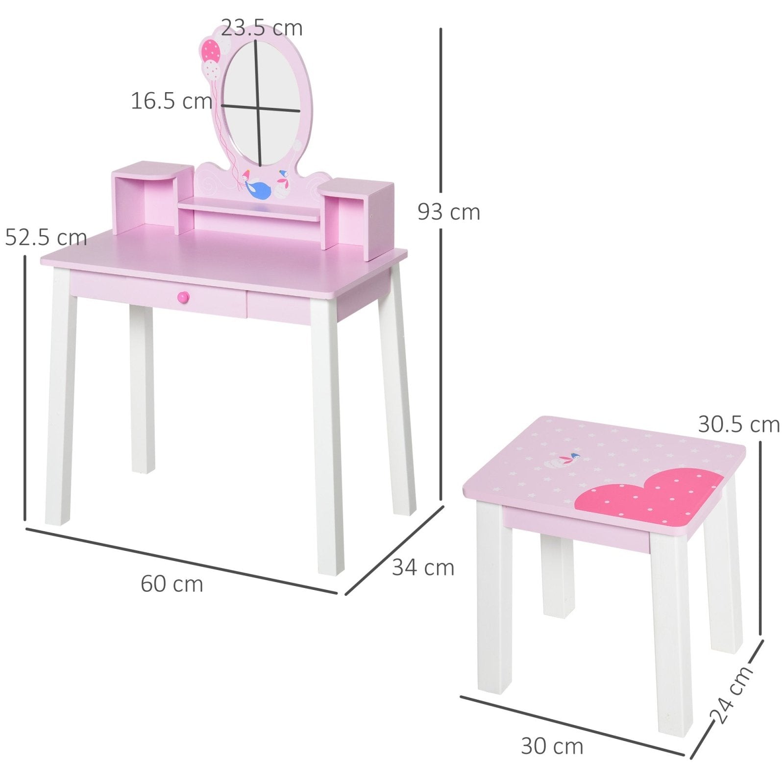 2 PCS Kids Wooden Dressing Table and Stool Girls Vanity Table Makeup Table Set with Mirror Drawers Role Play for Toddlers 3 Year+, Pink White - Bedzy UK modern and affordable home furniture England