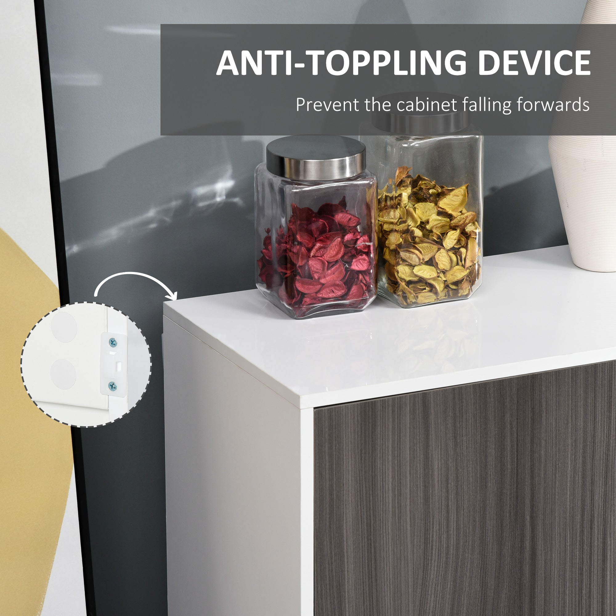 High Gloss Frame Sideboard, Side Cabinet, Push-Open Design with 2 Drawer for Living Room, Bedroom, Light Grey and White