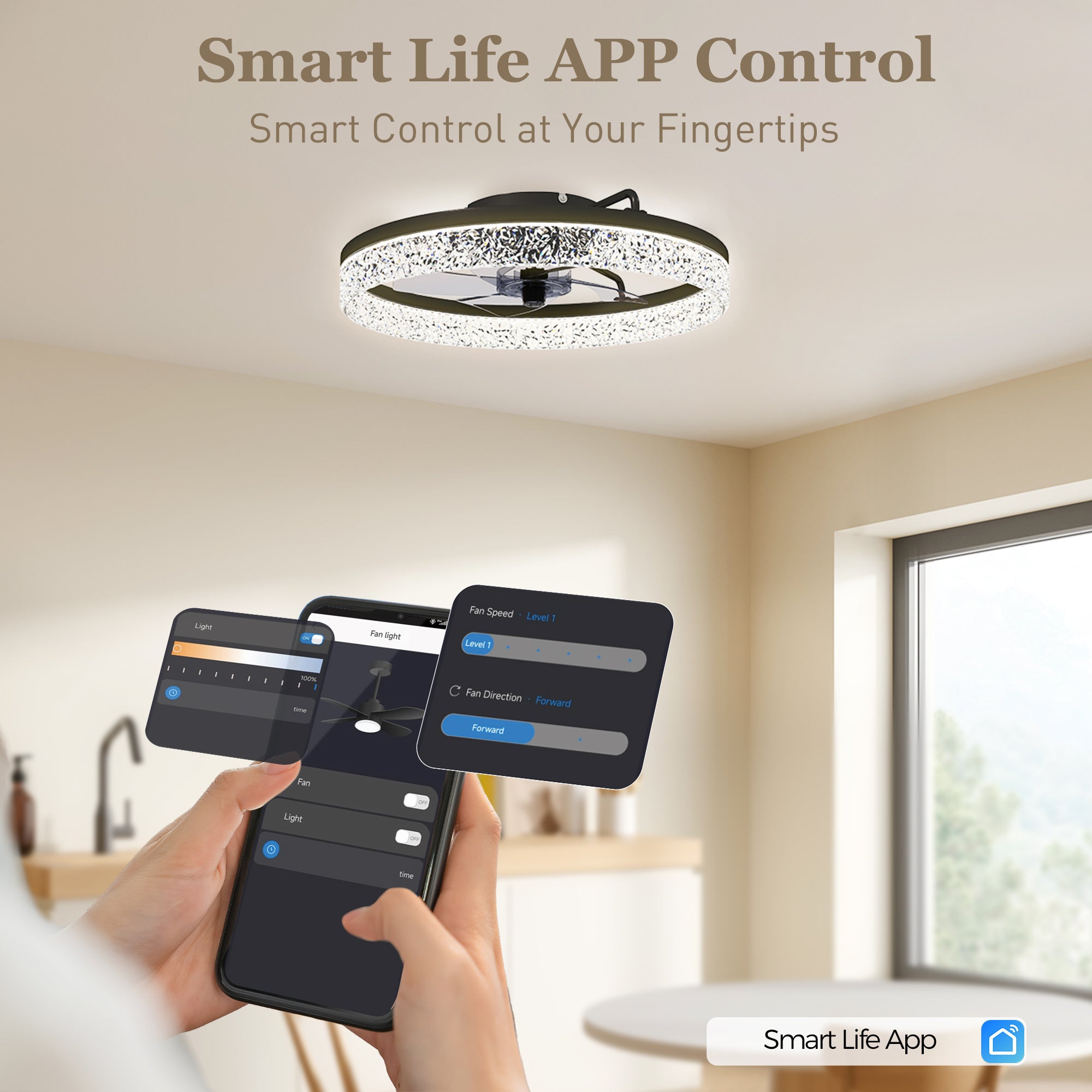 Ceiling Fan with Lights, Dimmable LED Mount Ceiling Fan Light with Remote App Control for Bedroom, Black