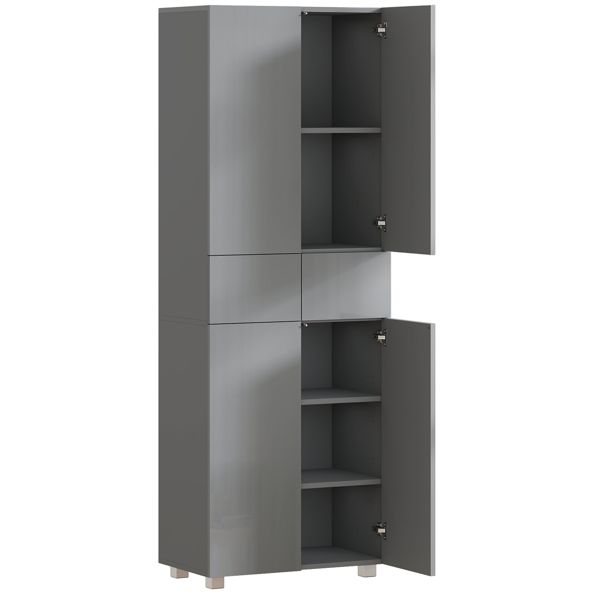 Storage Cabinet, Kitchen Cupboard with 3 Adjustable Shelves, 60L x 35W x 170H cm, High Gloss Grey