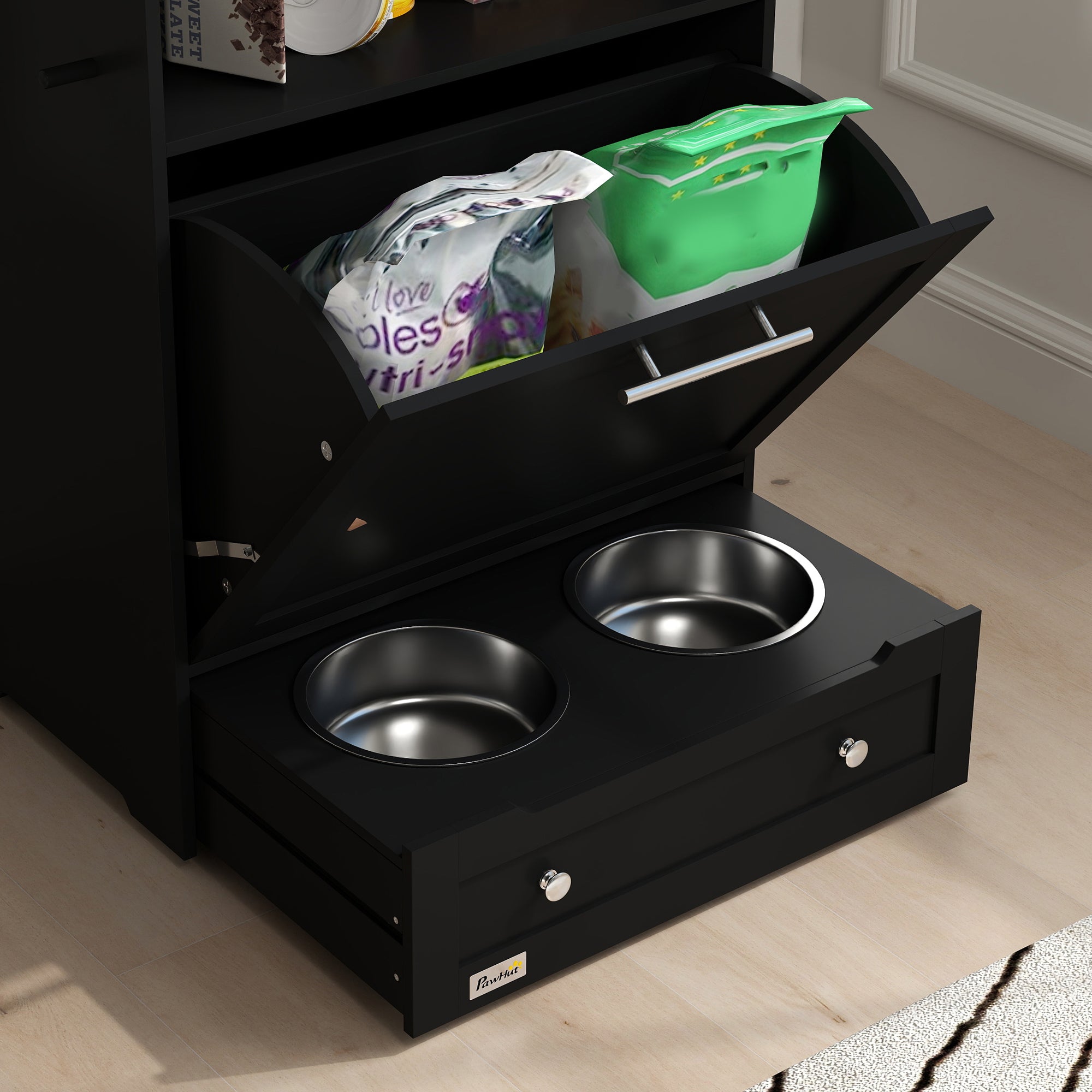 Pet Feeder Station, Dog, Cat Storage Container, with Raised Bowls, Hanger, Cabinet - Black