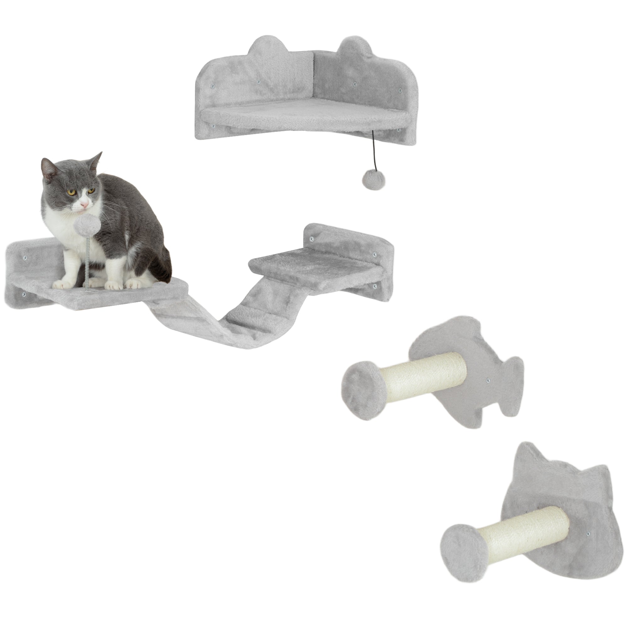 4PCs Cat Wall Shelves with Steps, Ladder, Jumping Platforms, Light Grey