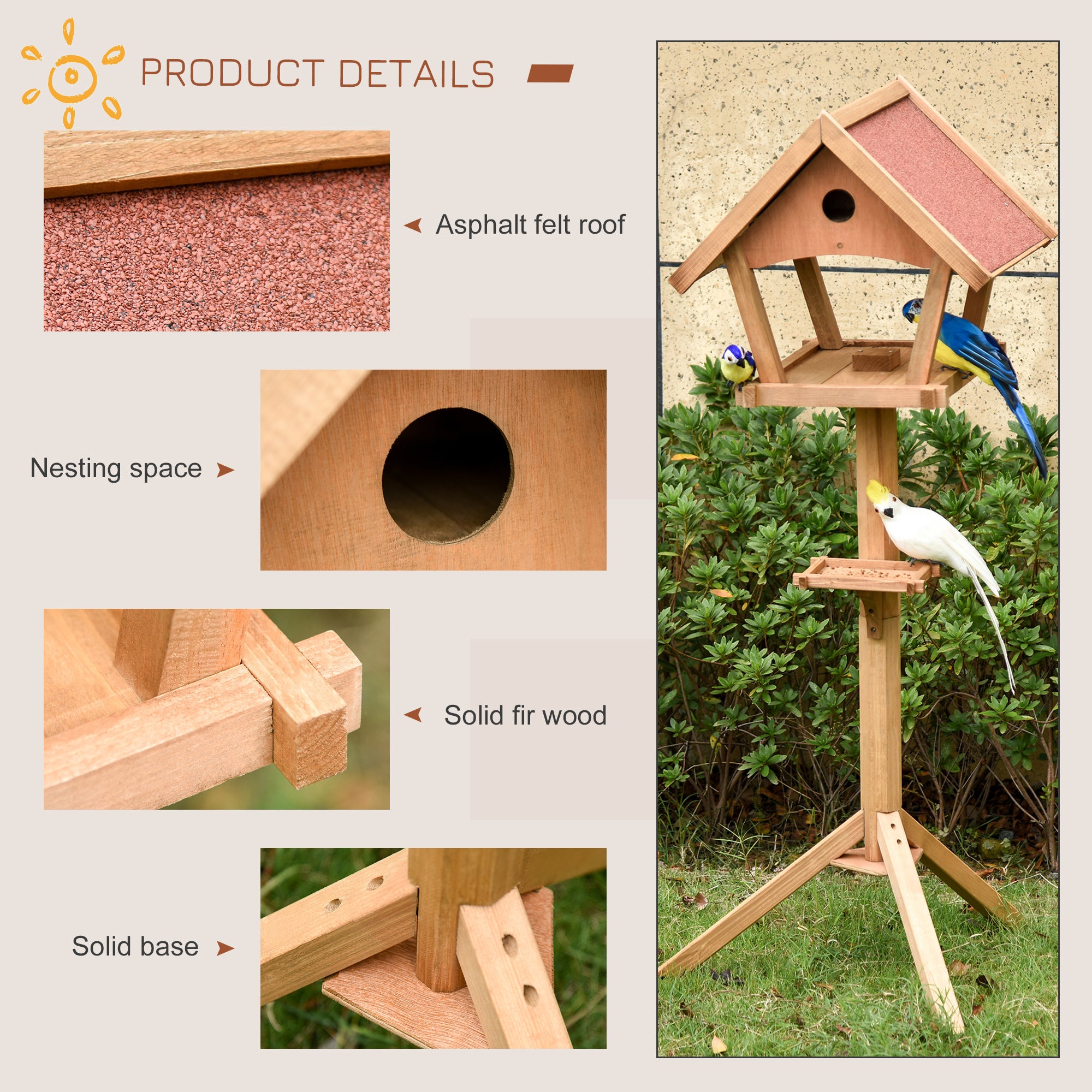 Wooden Bird Table Freestanding Feeding Station for Garden Outside ,139H cm, Natural