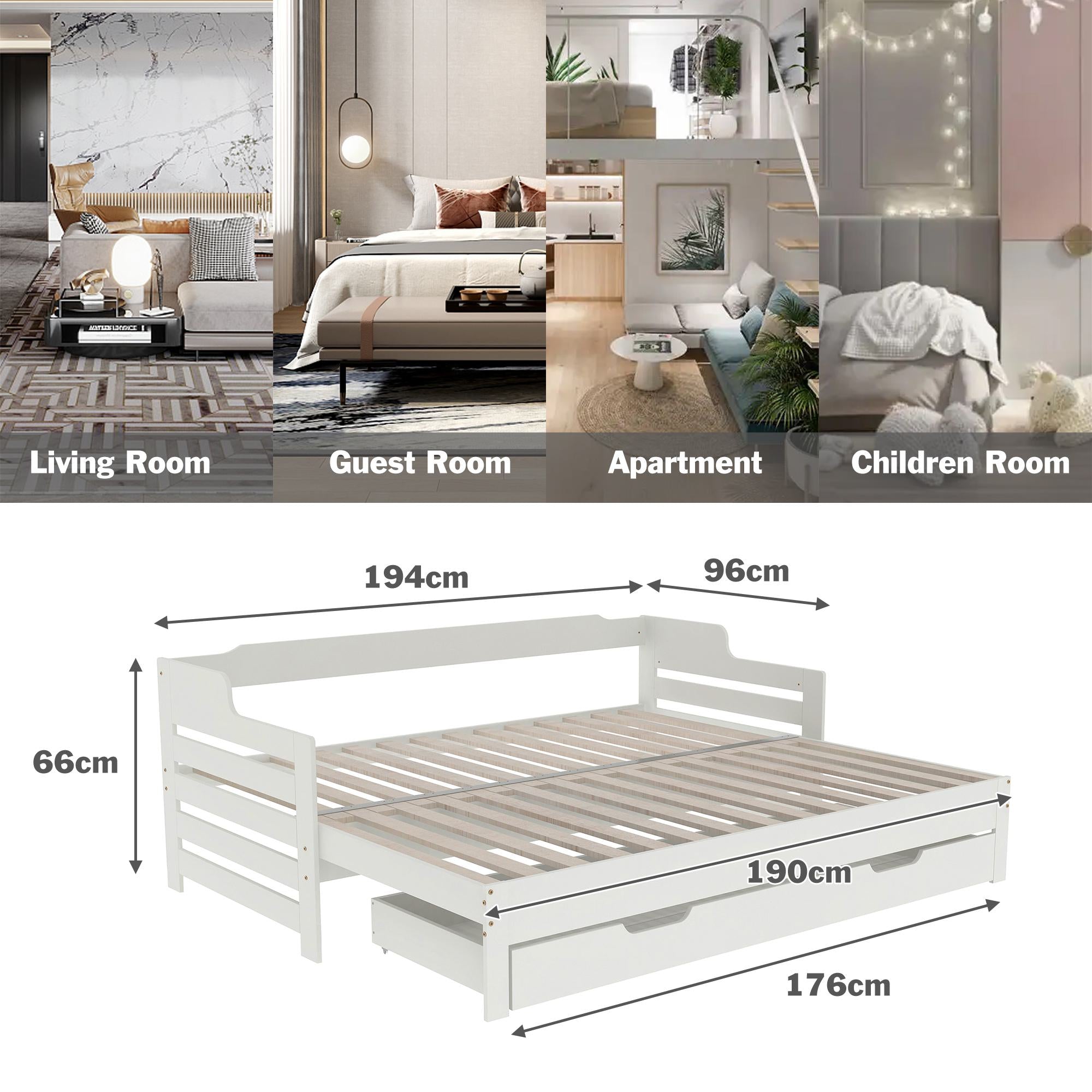 Single Guest Sofa Bed with Pull-Out Trundle and Storage Drawer - White