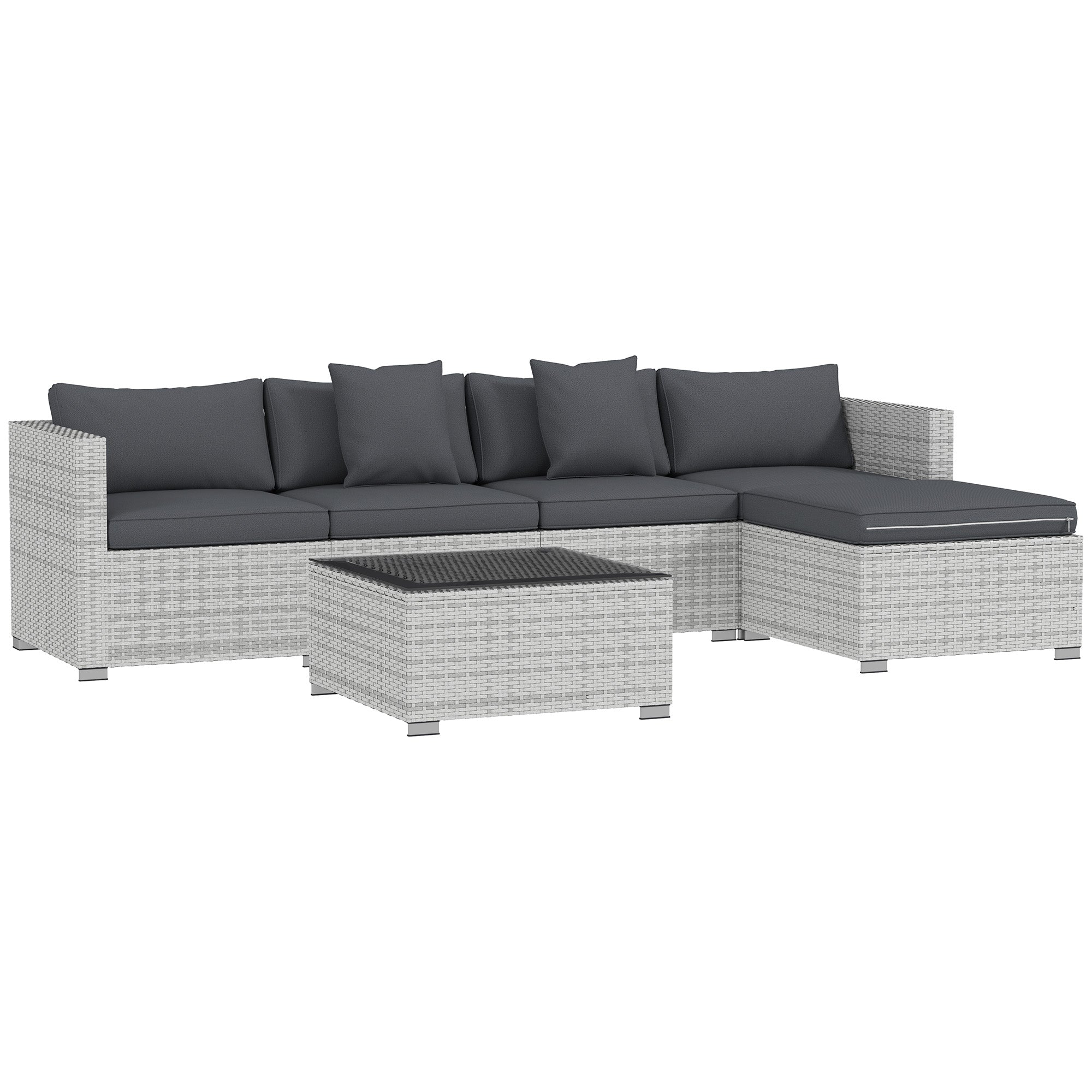6 Piece Rattan Corner Sofa Set with Cushions and Glass Table - Mixed Grey