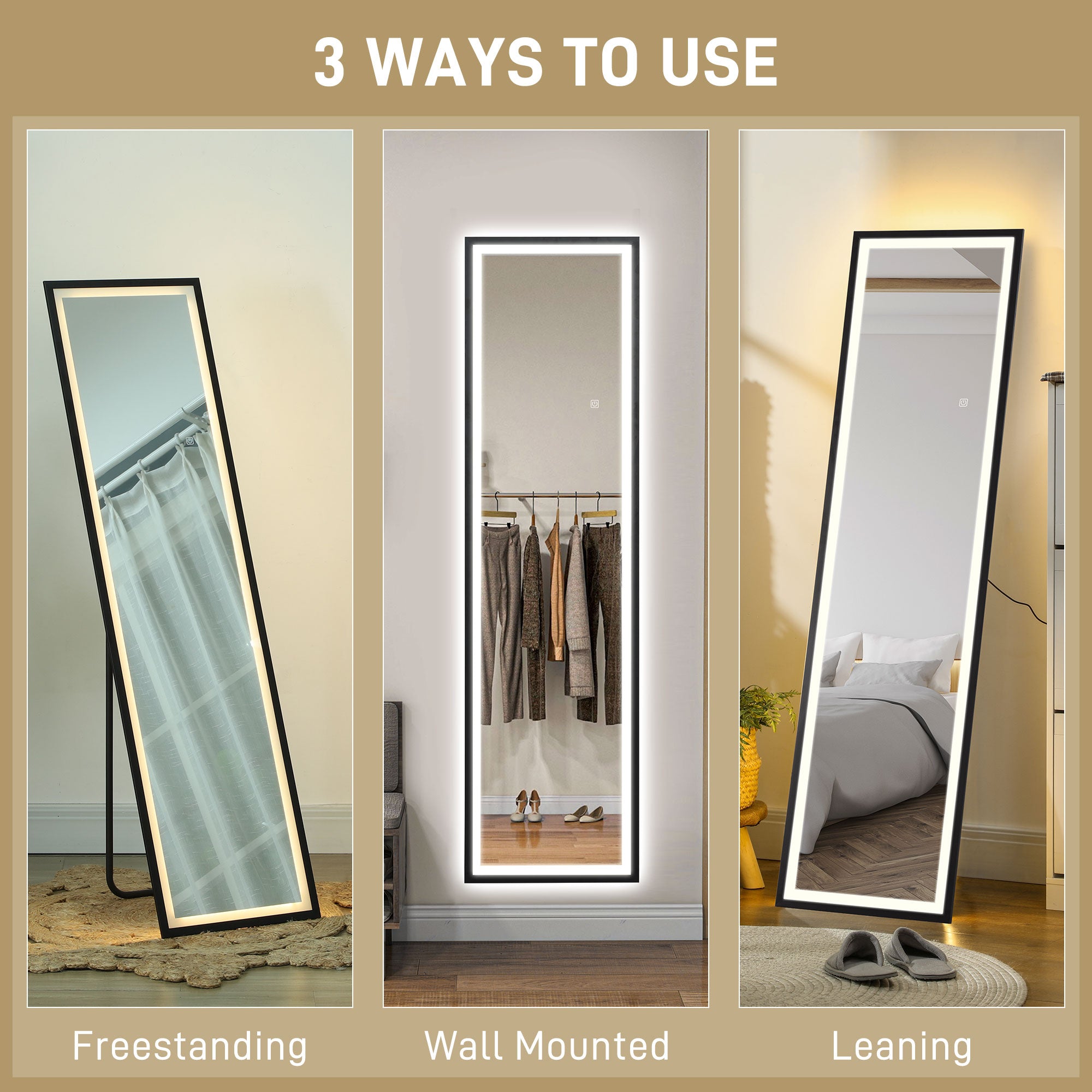 Full Length Mirror with LED Lights, 150 x 40cm Free Standing Mirror with Dimming and 3 Colour Lighting, Leaning or Wall Mirror with Metal Frame for Living Room, Bedroom, Black