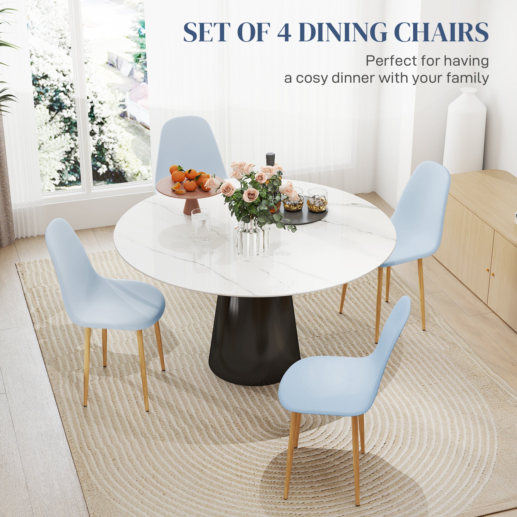 Modern Dining Chairs Set of 4, Kitchen Chairs with Backrest and Steel Legs for Dining Room, Living Room, Light Blue
