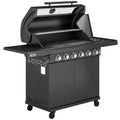 6+1 Burner Gas BBQ Grill, Outdoor Barbecue Trolley with Wheels, Warming Rack, Thermometer, Bottle Opener, Black