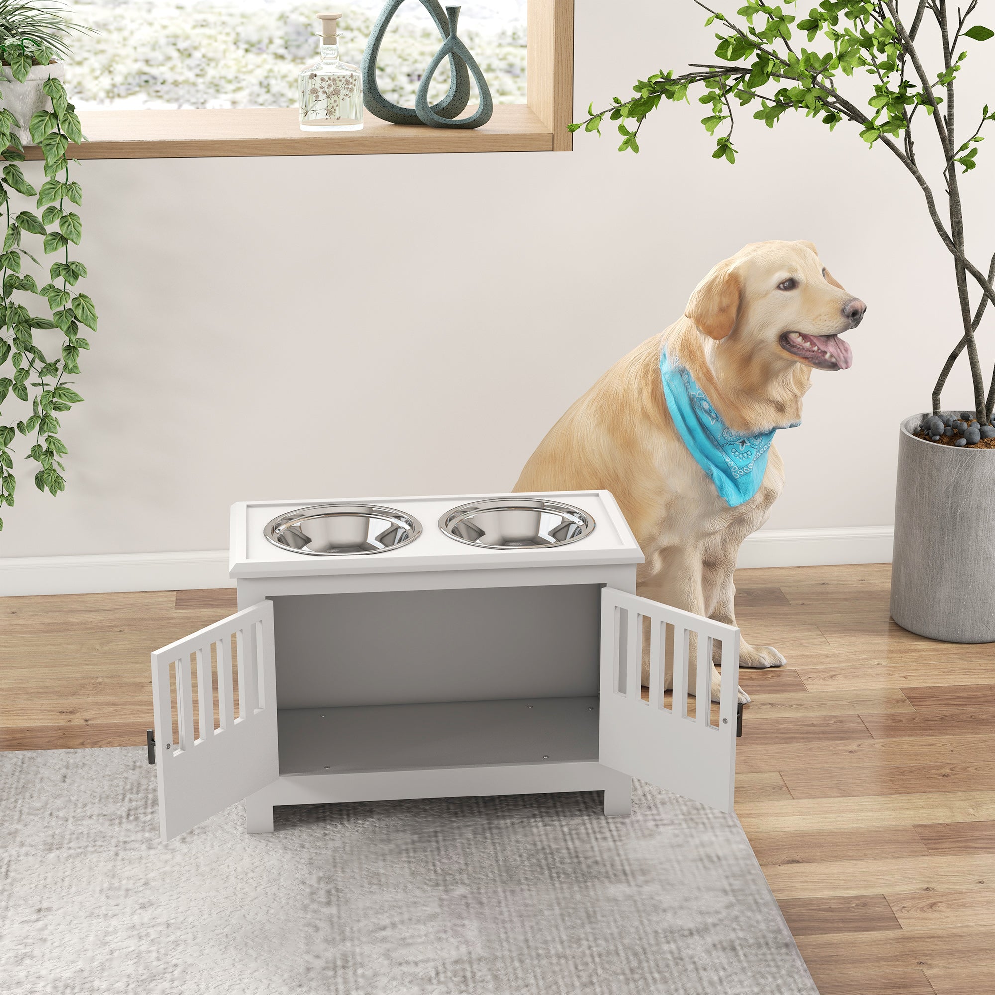 Raised Dog Bowls, Pet Feeding Station, with Storage, Food and Water Bowls, for Large Dogs - White